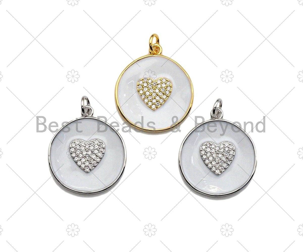 White Enamel Heart On Round Coin Pendant,CZ Micro Pave Enamel pendant,Enamel Charm,Enamel Jewelry,20x23mm,sku#Z1239