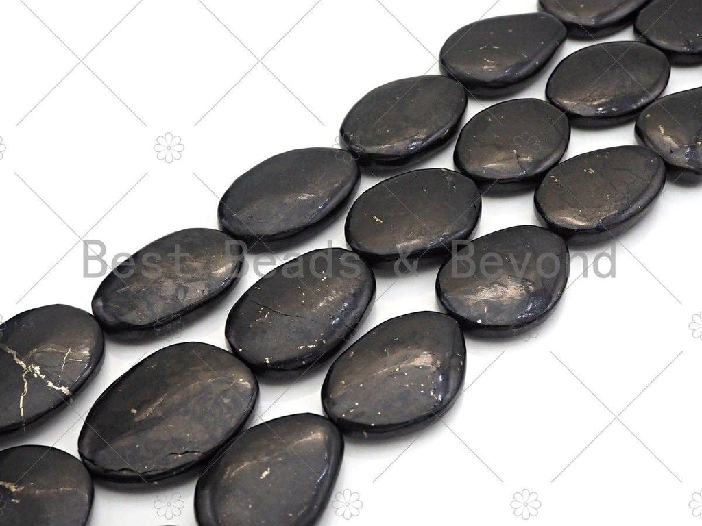Top Quality Oval Shape Shungite, Smooth Flat Shungite, Healing Energy, Genuine Shungite Beads 30x40mm, 15.5" Full Strand, Sku#U986