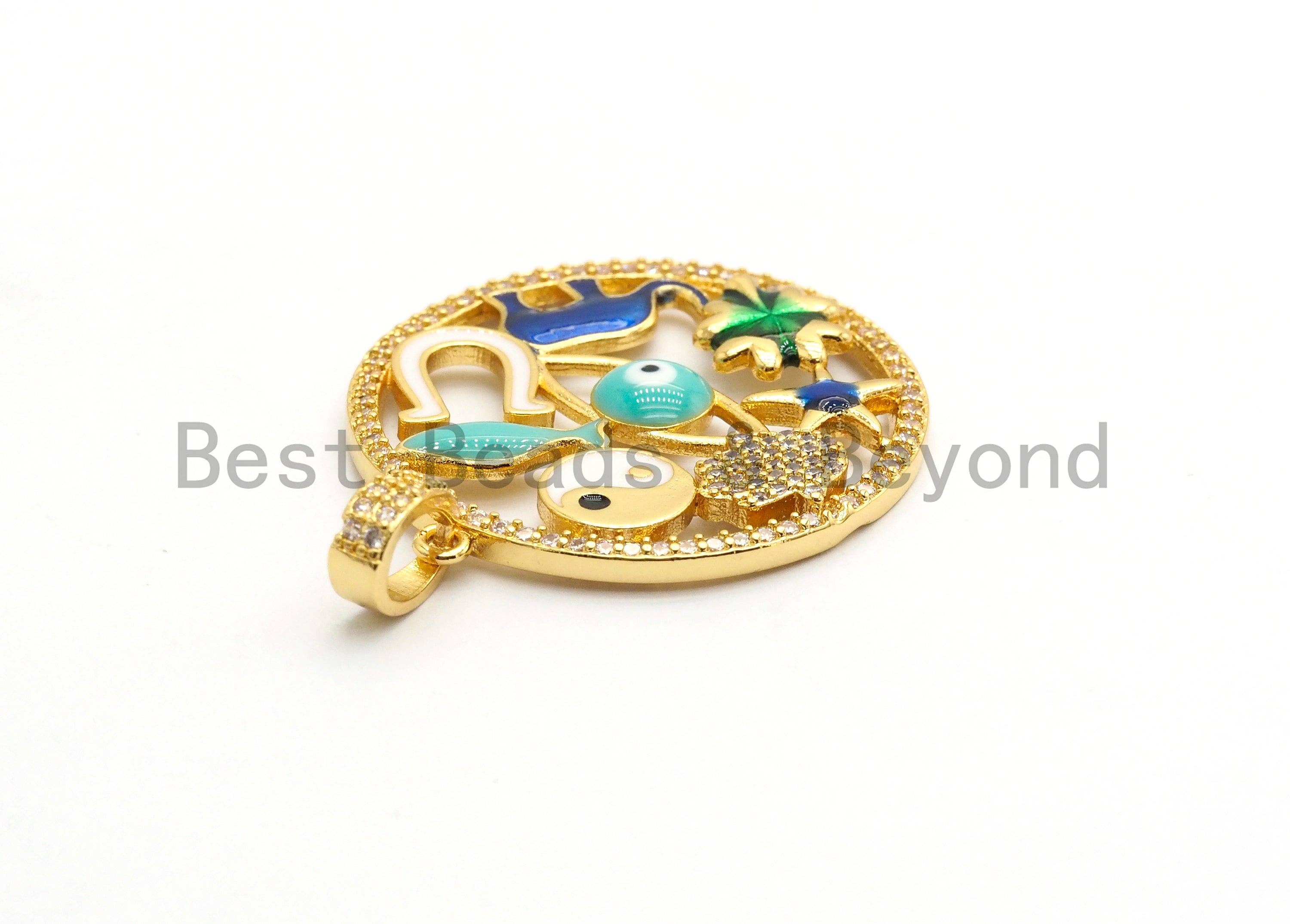 LARGE Enamel Round Artisan Pendant,Clear CZ Micro Pave Oil Drop Round Protection pendant,Enamel pendant,Enamel Jewelry,32x34mm,sku#F594