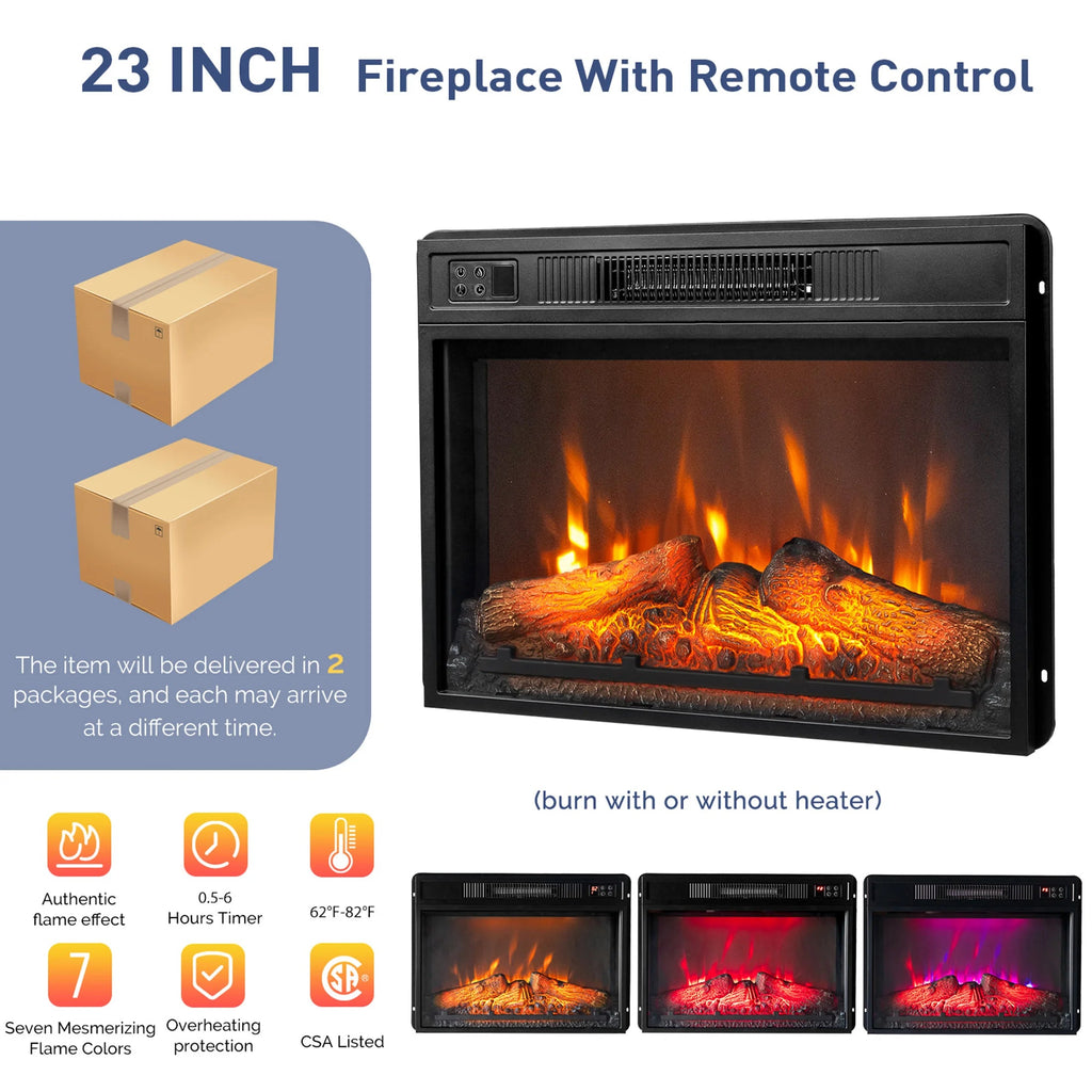 Fireplace TV Stand for 65 Inch TV, TV Console with 23''Electric Fireplace, Console Entertainment Center Television Table for Living Room or Bedroom, Black