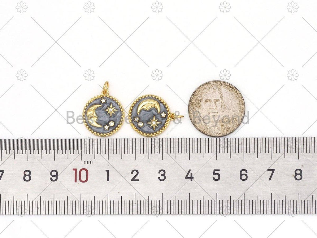 Enamel Grey Cresent Moon Star On Round Coin Shape Pendant,18K Gold Filled CZ Micropave Charm,Necklace Bracelet Charm,16x18mm,Sku#Y537