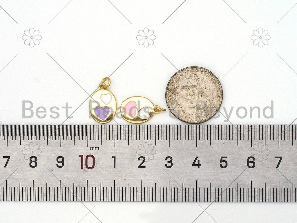 Enamel Puple Pink White Heart On Oval Shape Pendant,18K Gold Filled Enamel Heart Charm,Enamel Jewelry, 15x10mm,Sku#Z1391