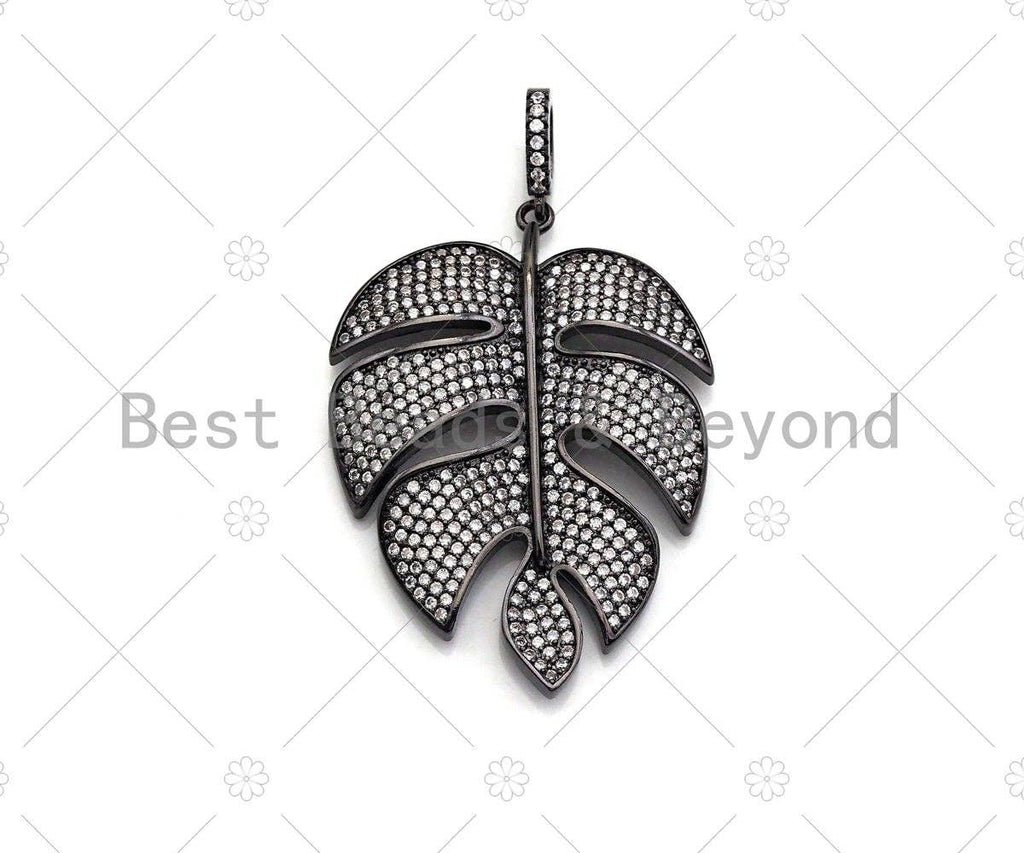 Large CZ Micro Pave Banana Leaf Shape Pendant,Leaf Cubic Zirconia Pendant, Silver/Gold /Rose Gold/Black Tone, 31x42mm,Sku#ML06