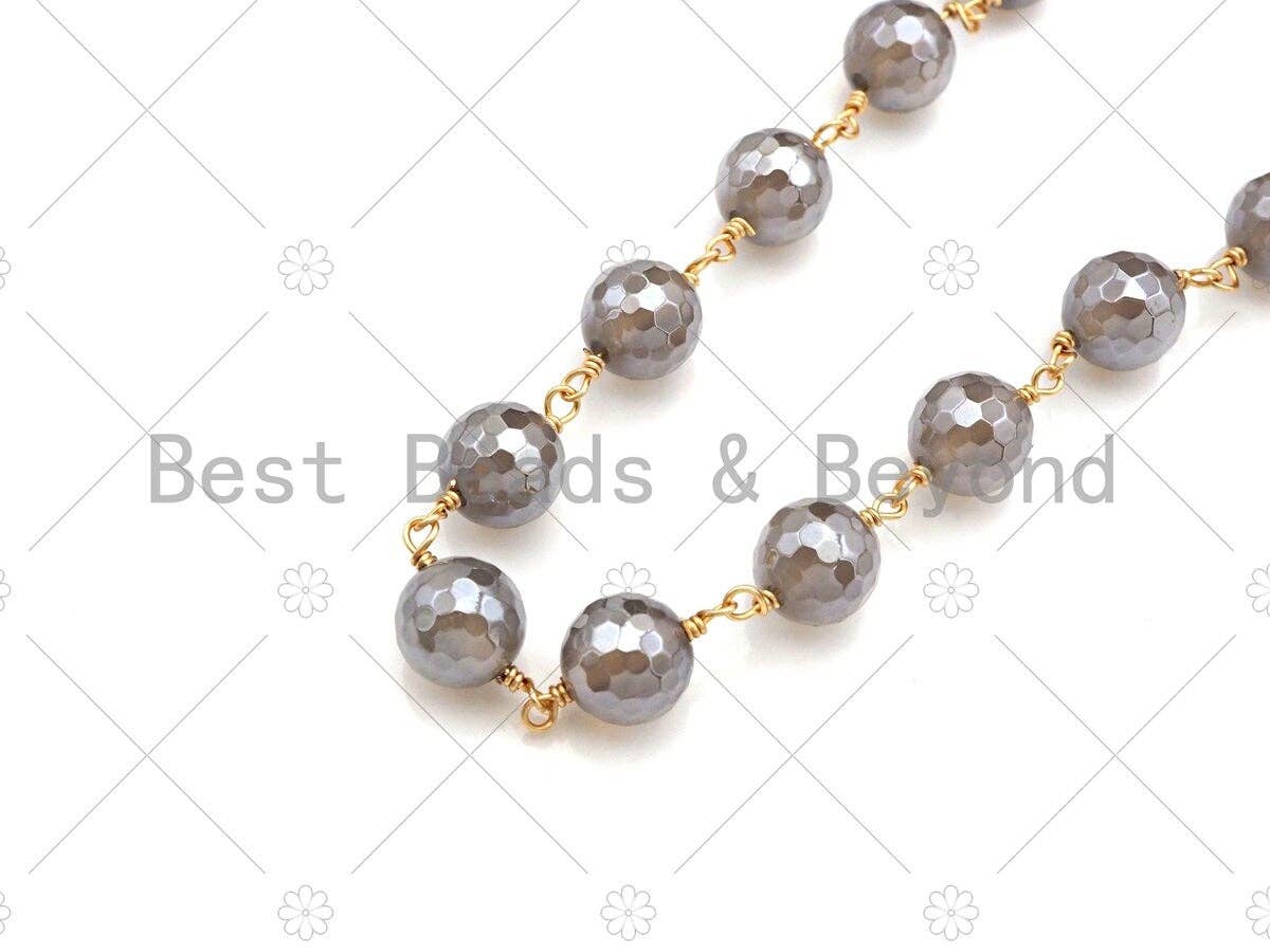 Mystic Agate Brown/Champaign/Grey Rosary Chain, 8mm Agate Beaded Chain, Wire Wrapped Gold Chain,Sku#V84