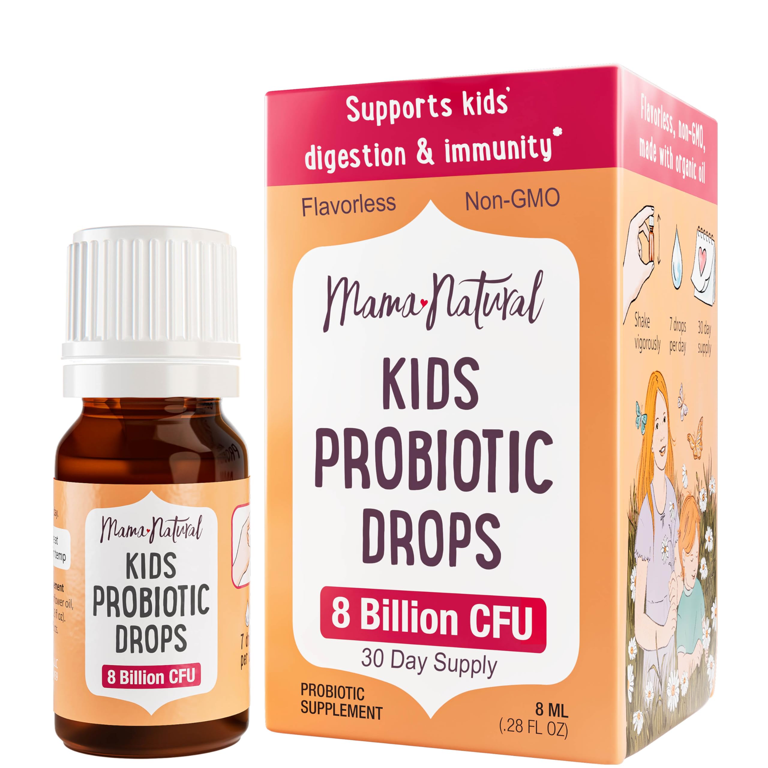 Mama Natural Gouttes Probiotiques Enfants (3 ans et +) | Probiotique pour tout-petits pour la santé digestive et le soutien immunitaire - Probiotiques approuvés par les pédiatres pour enfants | 30 portions - Probiotique liquide non aromatisé