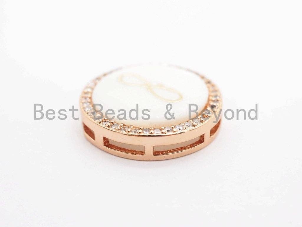 CZ Micro Pave Gilding Infinity Symbol on Mother of Pearl Round Beads, Pave Pendant Connector Beads for Bracelet/Necklace, 19mm,sku#Z246