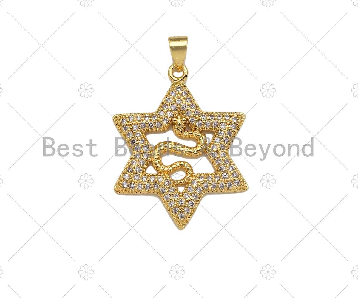 CZ Micro Pave Snake On Star Shape Pendant/Charm,Cubic Zirconia Gold Charm, Necklace Bracelet Charm Pendant,26x30mm, Sku#LD33