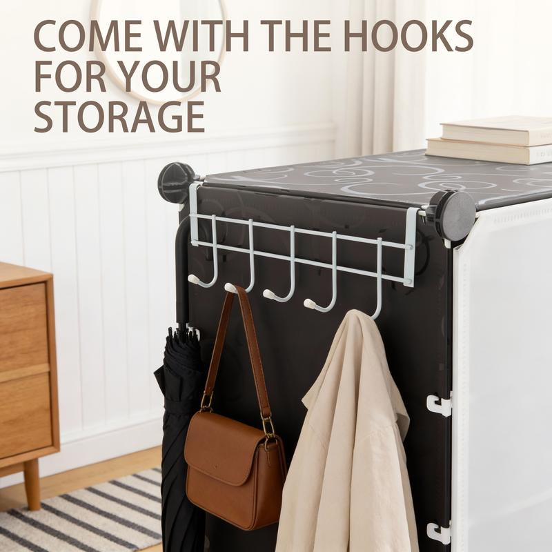 6/8-Tier Shoe Cabinet, 24/32-Tier Capacity, with Side Hooks, Sturdy Metal Frame, and Black and White Plastic Panel Shelves. Suitable for Entryways, Living Rooms, and Walk-In Closets