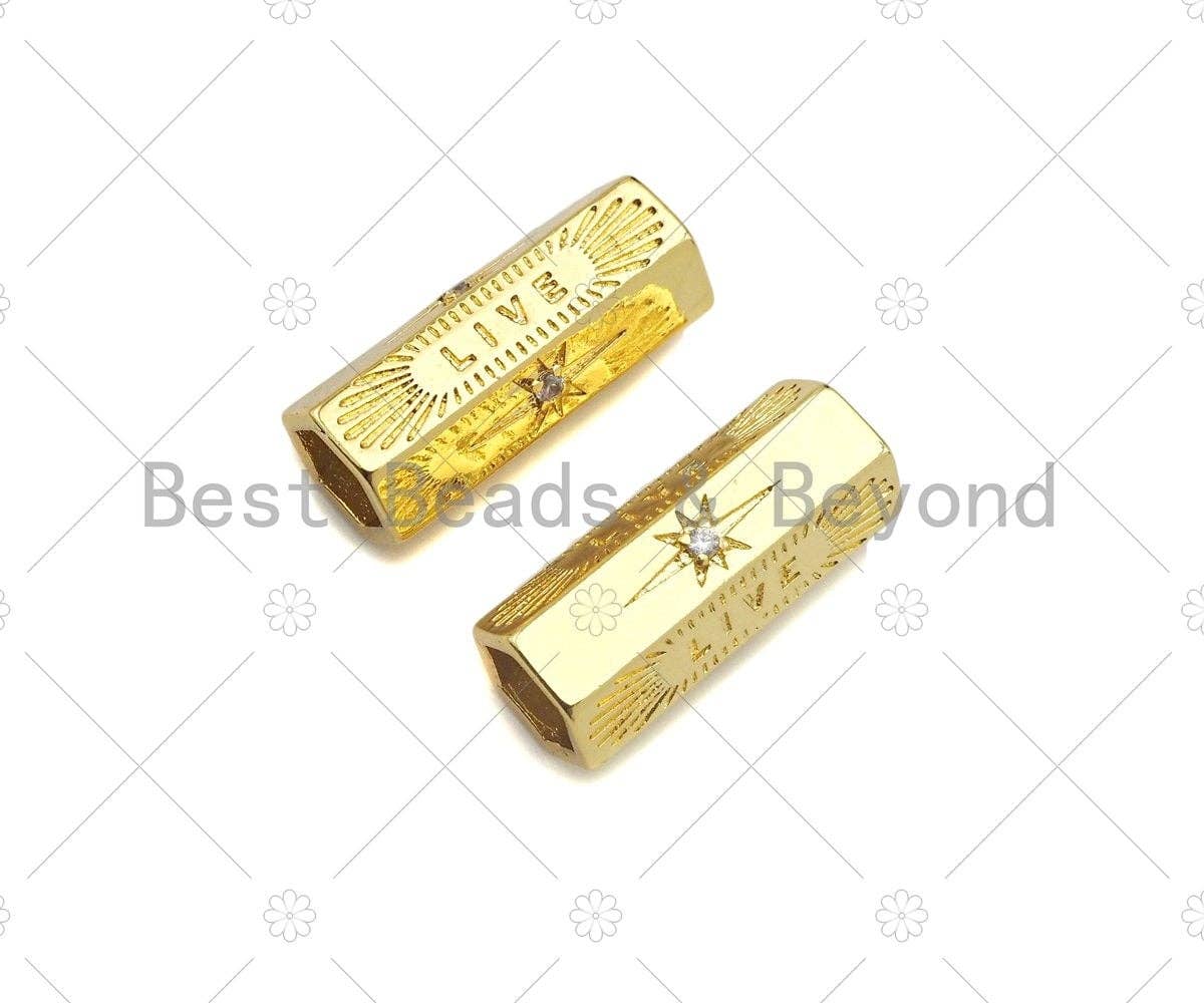 18K Dainty Gold  Live Word North Star On Hexagon Shape Large Hole Tube Spacer Beads,Drum Barrel Beads, Clear CZ Tube Spacer,8x21mm, Sku#Y414