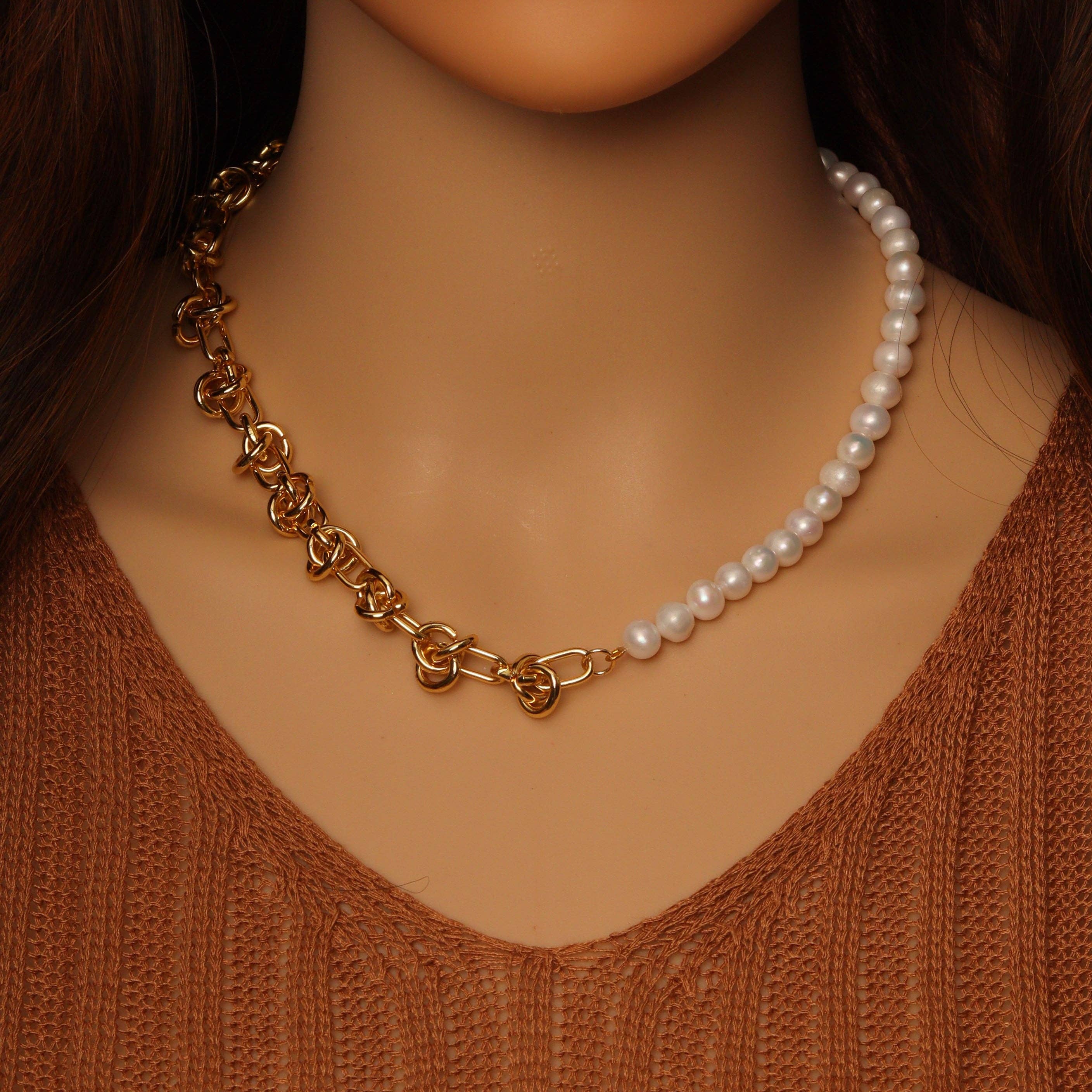 Knotted Link Chain Freshwater Pearl Bracelet Necklace, Sku#EF352C