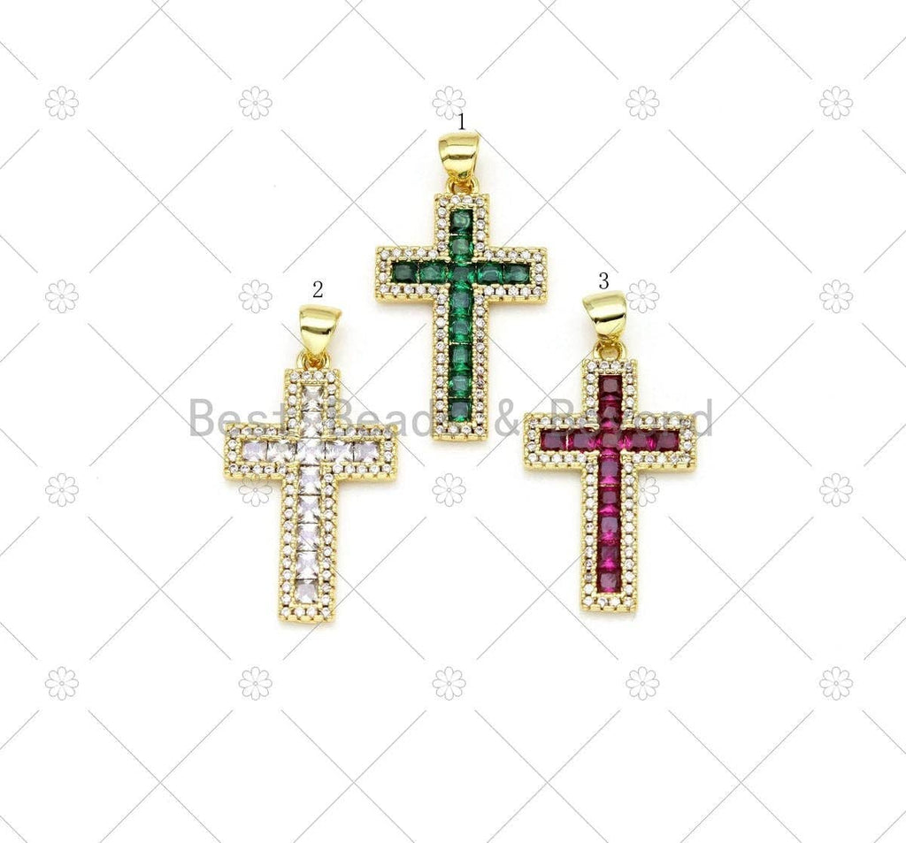 Clear/Green/Fuchsia CZ Micro Pave Cross Shape Pendant, 18K Gold Filled Cross Charm, Necklace Bracelet Charm Pendant, 26x16mm,Sku#LK494