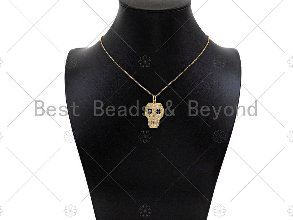 CZ Micro Pave Hollow Out Blue Eye Skull Shape Pendant/Charm, Bracelet Necklace Cubic Zirconia Pendant Charm, 27x18mm,sku#Y408