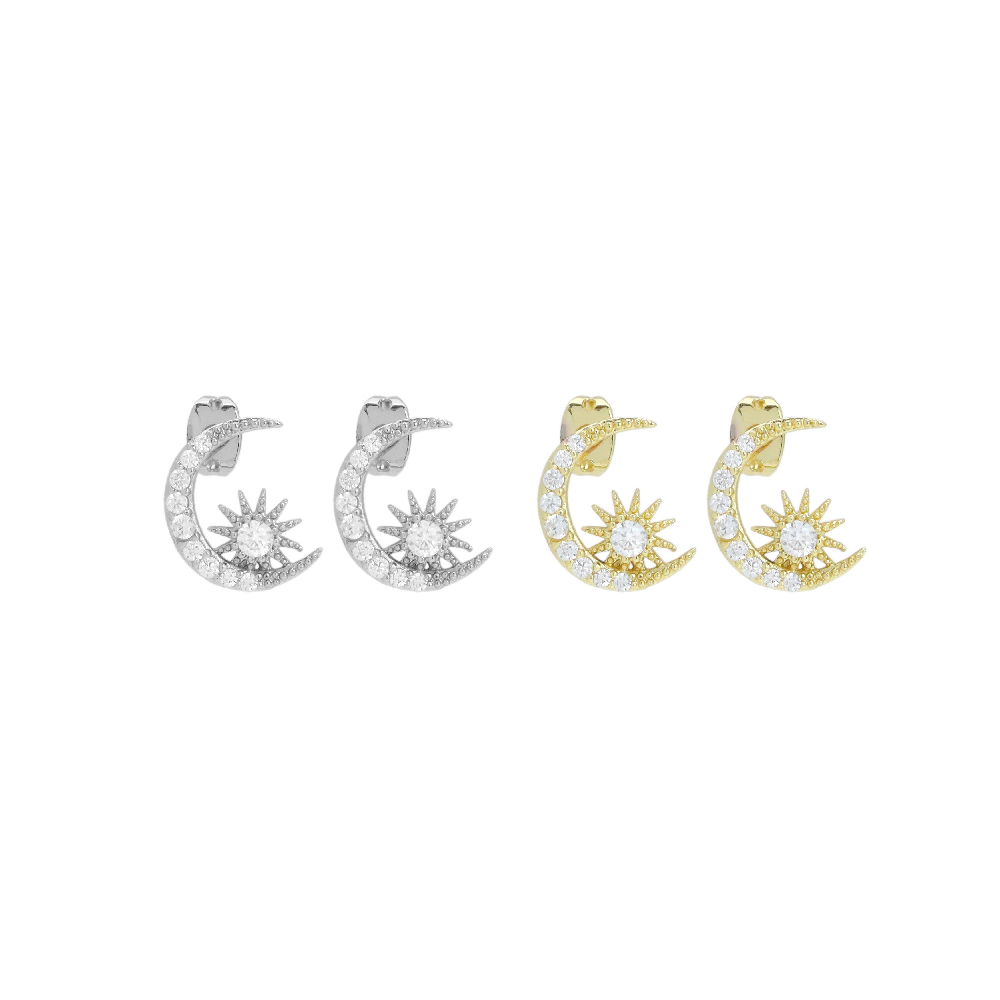 Clear CZ Cresent Moon Star Stud Earrings, Sku#A412