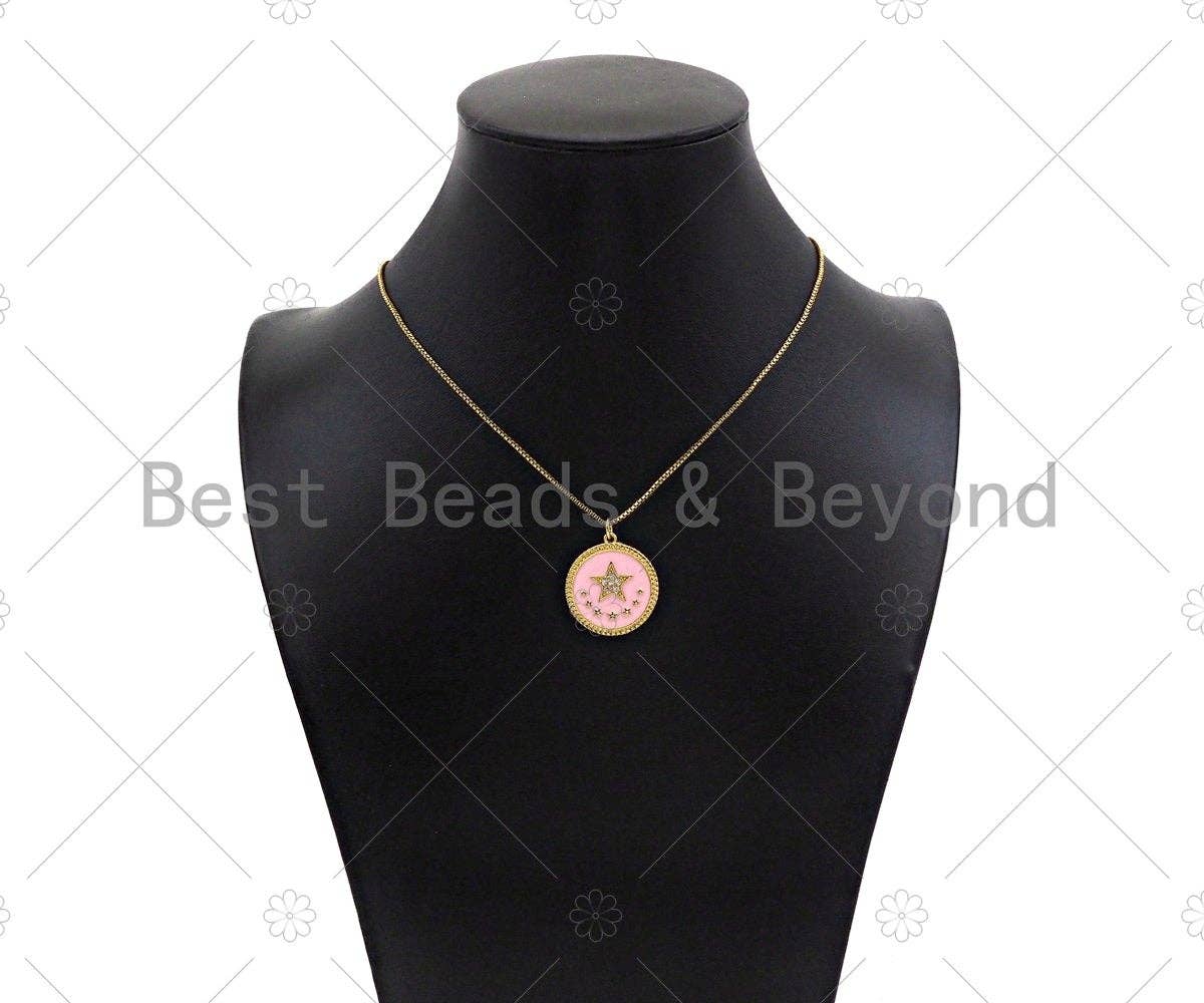 CZ Micro Pave Enamel Pink Five Star On Round Coin Pendant, 18K Gold Pendant, Star Charm, Pink Enamel Charm, 24x22mm,Sku#L565