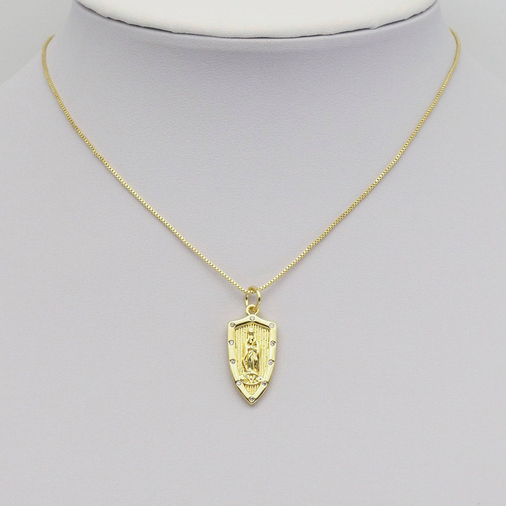 Clear CZ Gold Virgin Mary On Shield Charm, Sku#LX367