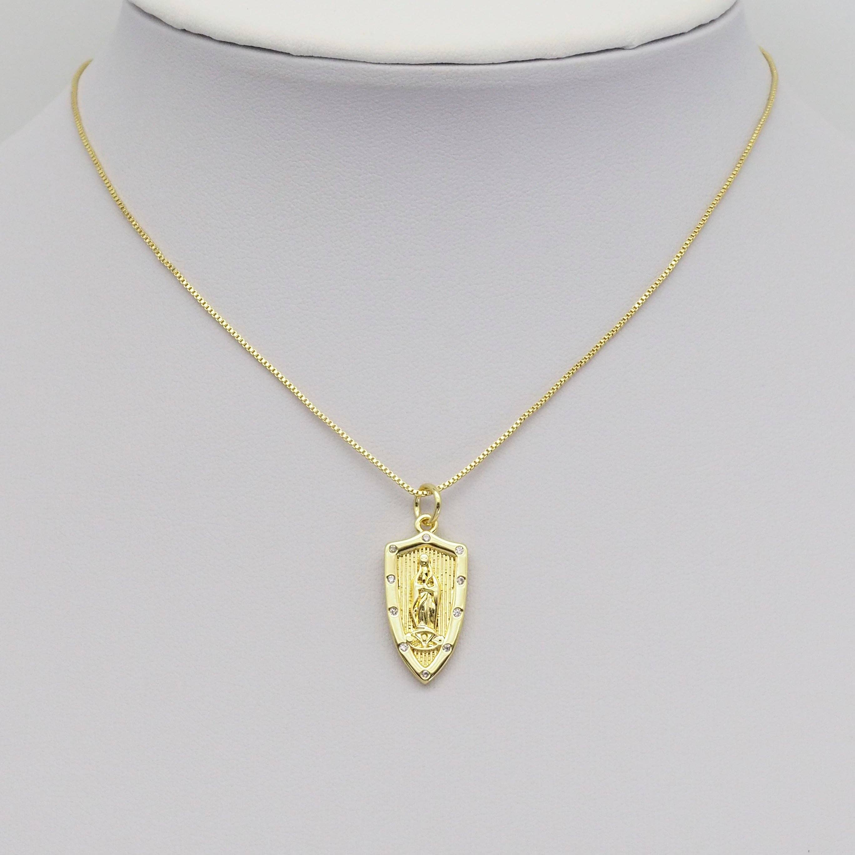 Clear CZ Gold Virgin Mary On Shield Charm, Sku#LX367