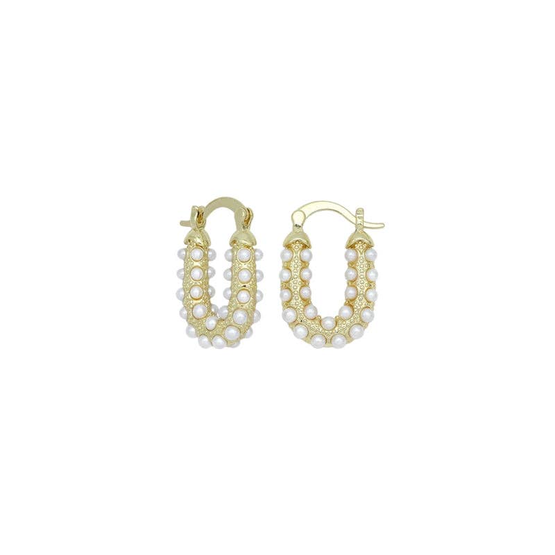 White Pearl Gold U Oval Shape Hoop Earrings, Sku#LD641