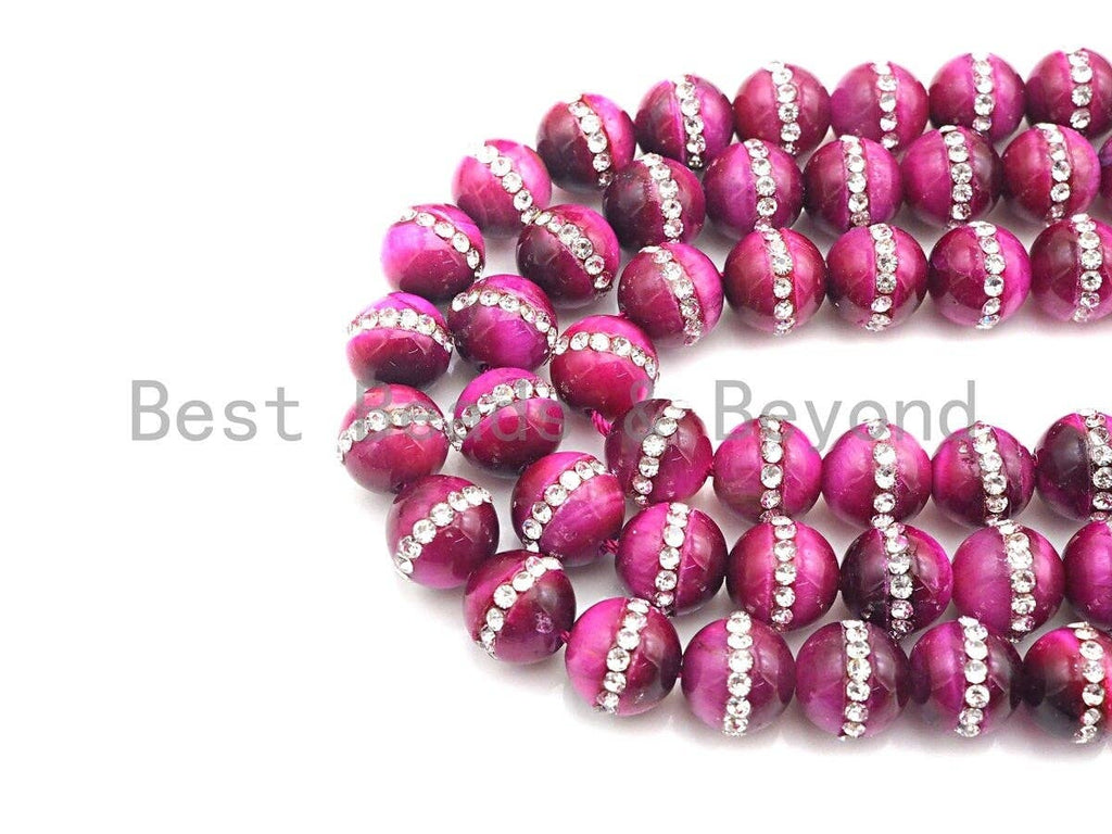 FuchsiaTiger Eye with rhinestone inlaid, 6mm/8mm/10mm/12mm/14mm, Tiger eye Beads, 15.5inch Full strand, SKU#V53