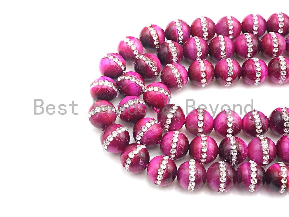 FuchsiaTiger Eye with rhinestone inlaid, 6mm/8mm/10mm/12mm/14mm, Tiger eye Beads, 15.5inch Full strand, SKU#V53