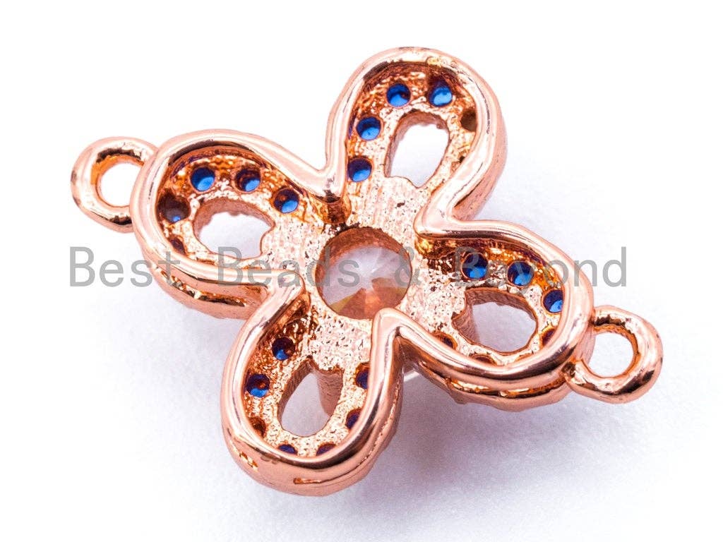 CZ Micro Pave Clover Flower Connector, Blue CZ Pave on Gold/Silver/Black/Rose Gold Finish, Pave Link Connector,13x17mm,sku#M115