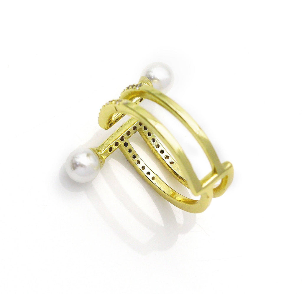 Pave CZ Pearl Doule Line Ring, Sku#JL135