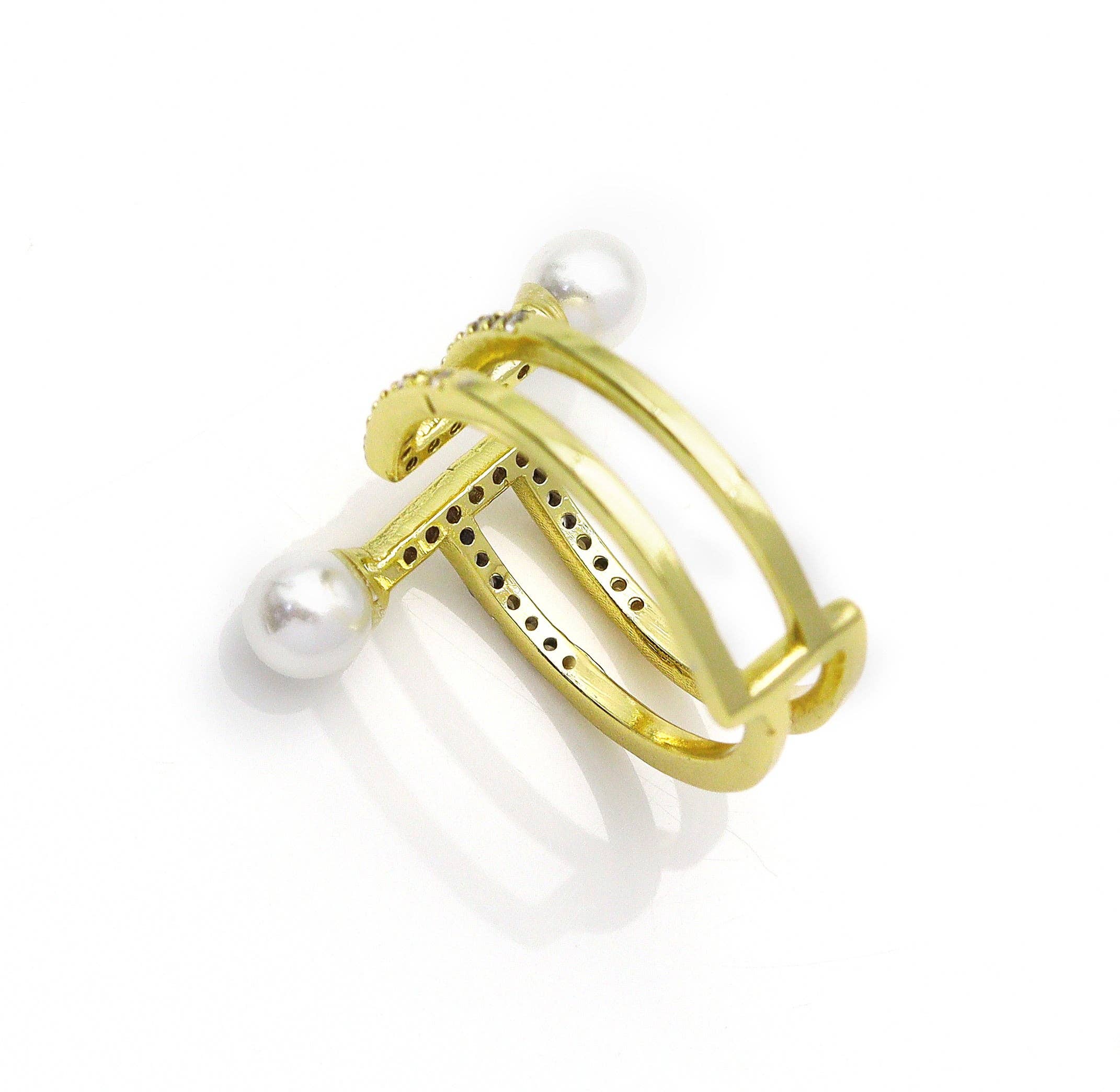 Pave CZ Pearl Doule Line Ring, Sku#JL135