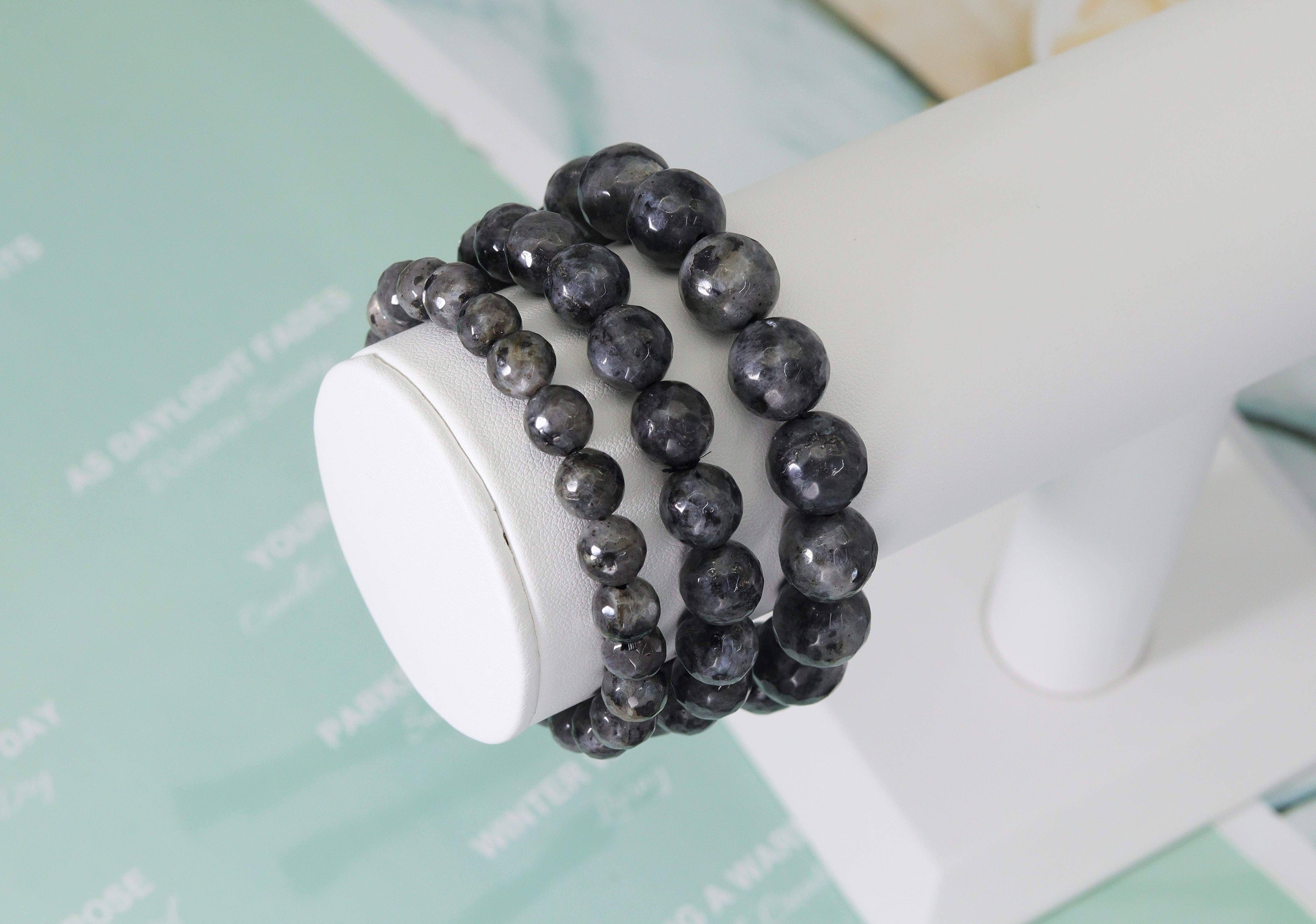 Larvikite Round Faceted Beads Stretchy Bracelet,Sku#EF110