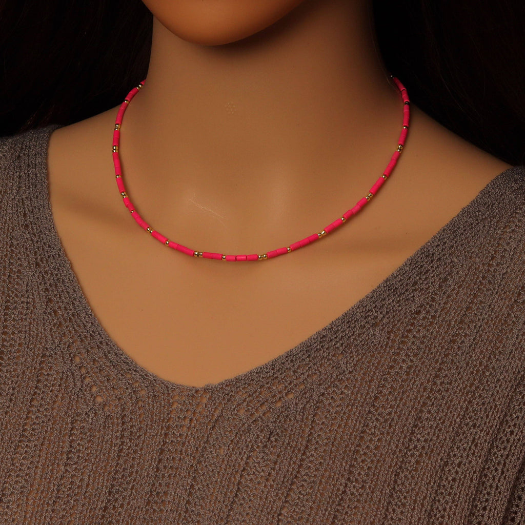 Hot pink Gemstone Tube necklace, sku#EF567