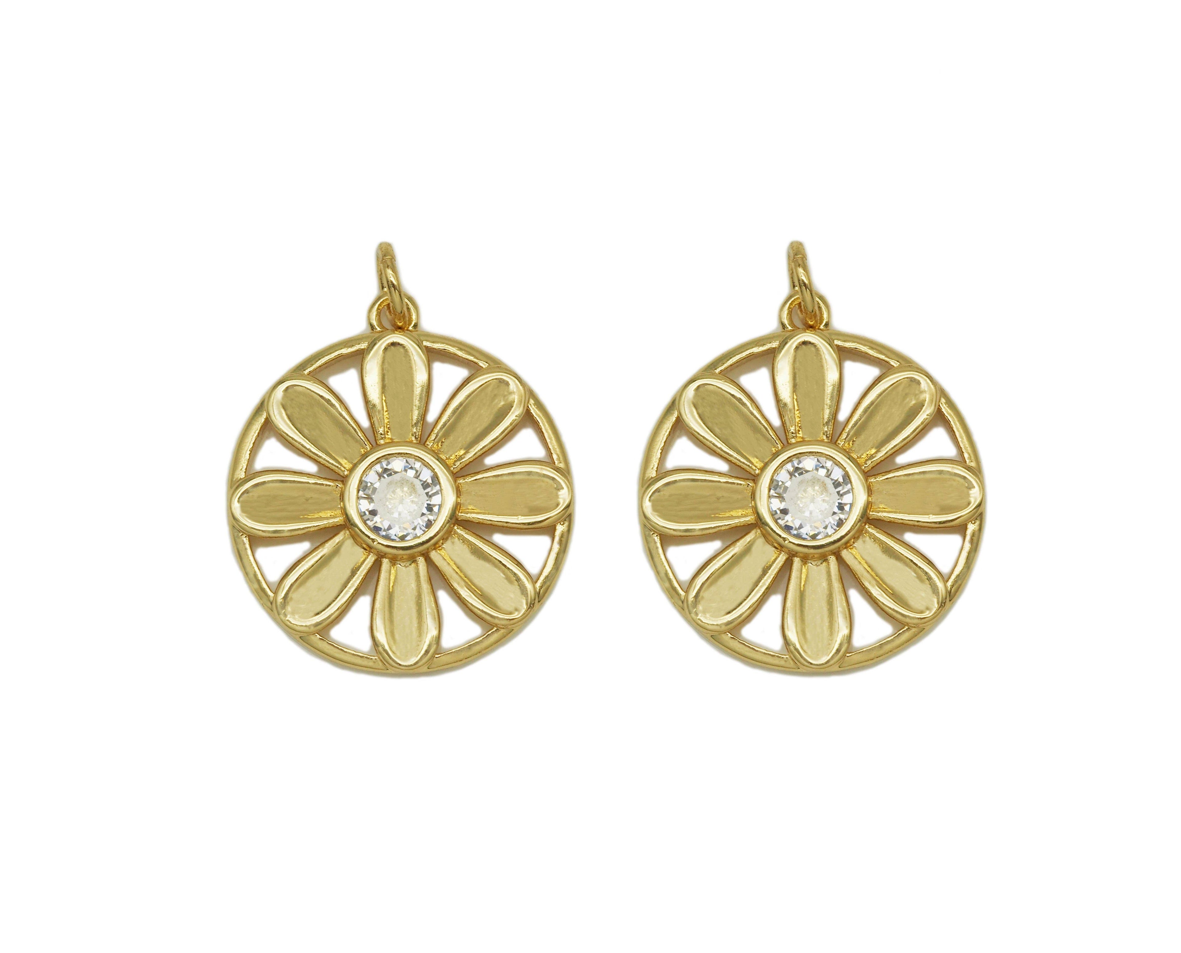 CZ Sunflower On Round Coin Charm, Sku#L647
