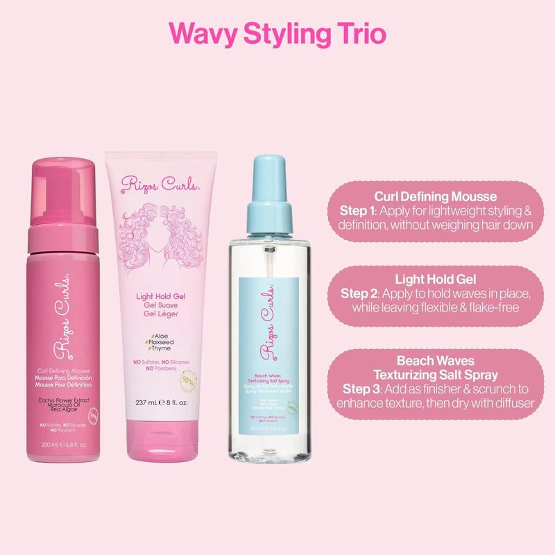 Rizos Curls Wavy Styling Kit - Moisturizing Curl Defining Mousse, Light Hold Gel and Texturizing Spray