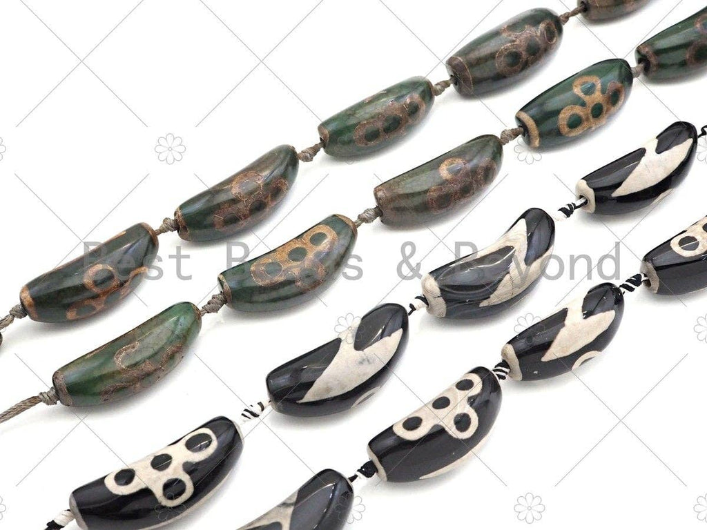 Natural Green Black Agate Curve Spacer Beads, Flower Lightning Style Agate Pendant Beads, Tibetan Dzi Beads, 43x16mm, Sku#U1129