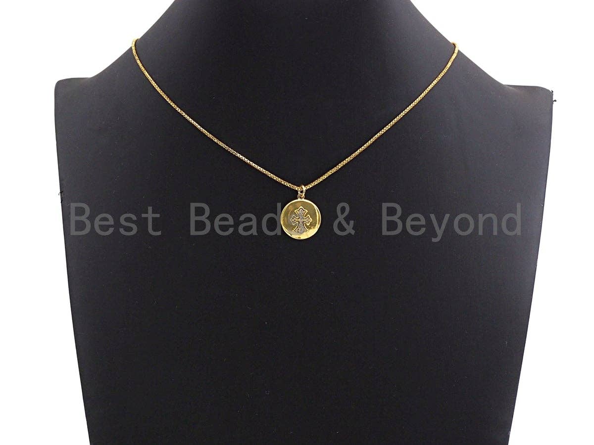 CZ Micro Pave Cross Coin Pendant,Jesus Cubic Zirconia Pendant,Silver/Gold/Rose Gold/Black Tone,16x18mm,Sku#Z428
