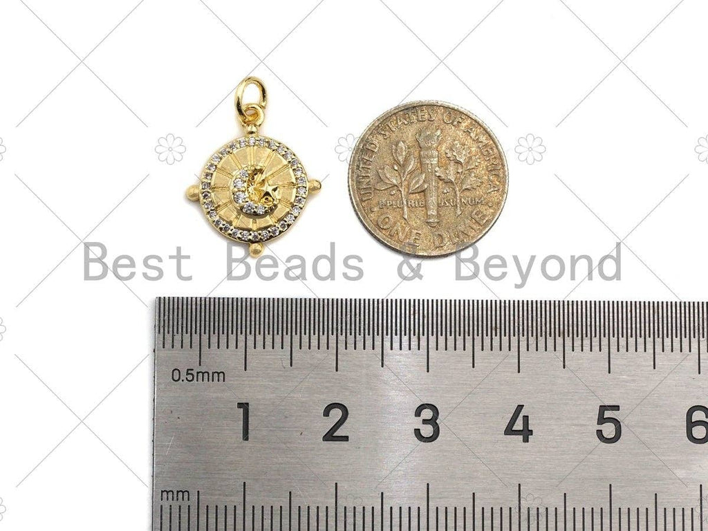 Clear CZ Micro Pave Moon On Round Aiming Circle Shape Pendant/Charm, Cubic Zirconia Round Coin Charm,15x17mm,sku#Y350