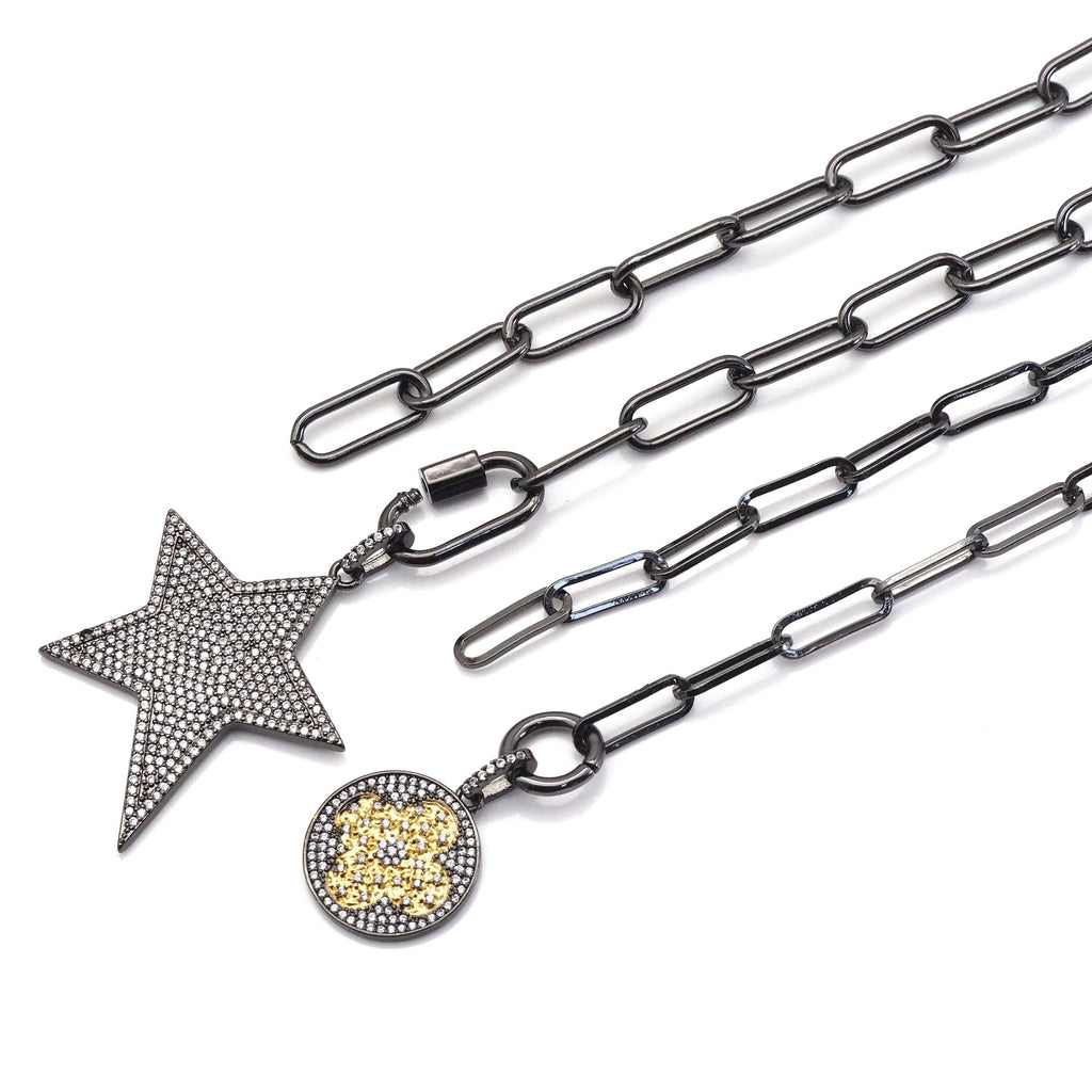 Gunmetal Paperclip Chain Star Flower Necklace