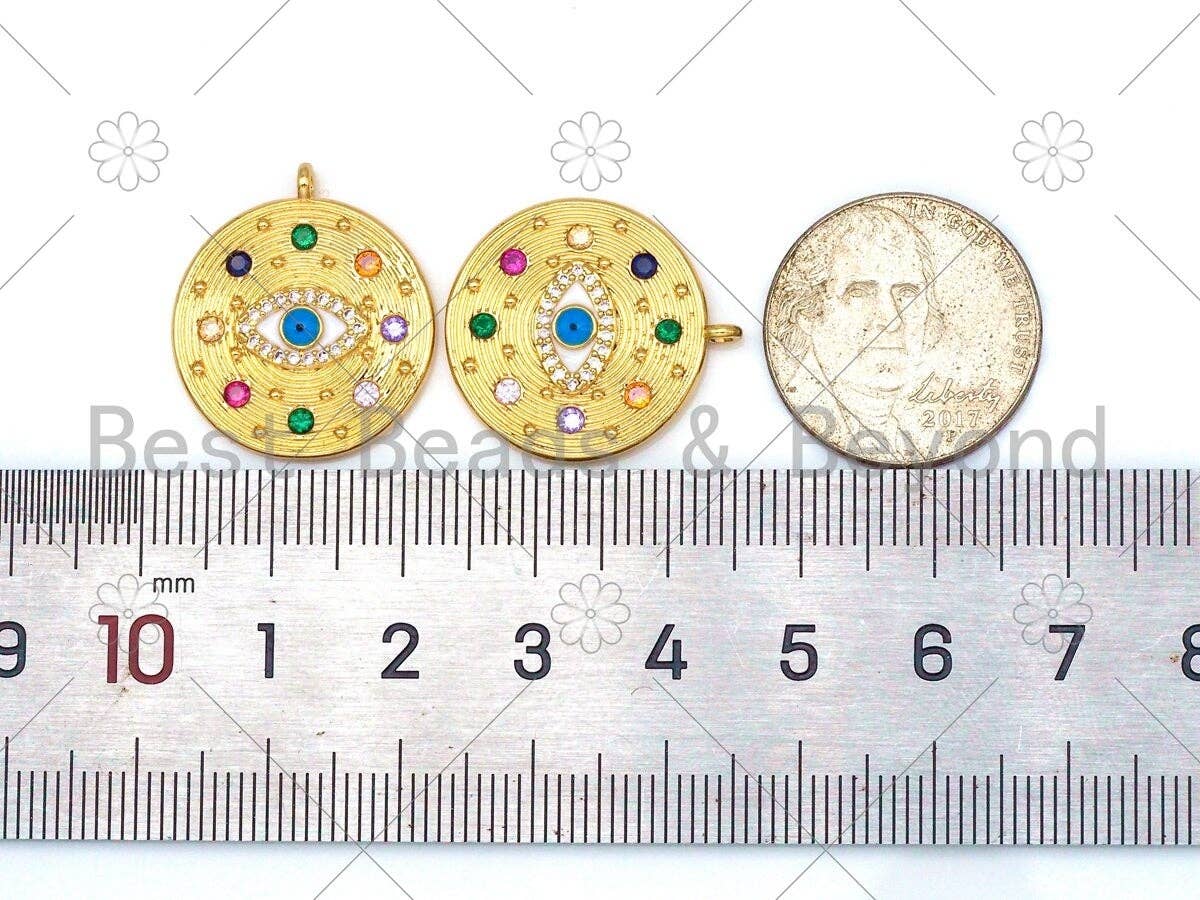 Colorful CZ Micro Pave Evil Eye On Round Coin Shape Pendant,18K Gold Filled Medallion Charm, Necklace Bracelet Charm,20x23mm,Sku#Y489