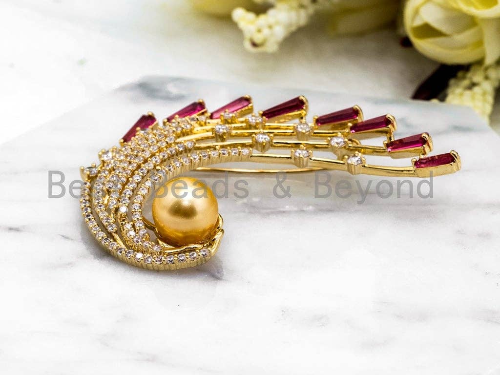 CZ Micro Pave Peacock Brooch Pin with 10mm Round Shell Pearl, Pave Peacock Brooch Jewelry, Gold Fuchsia CZ Pave Pin,  41x59mm, Sku#P27