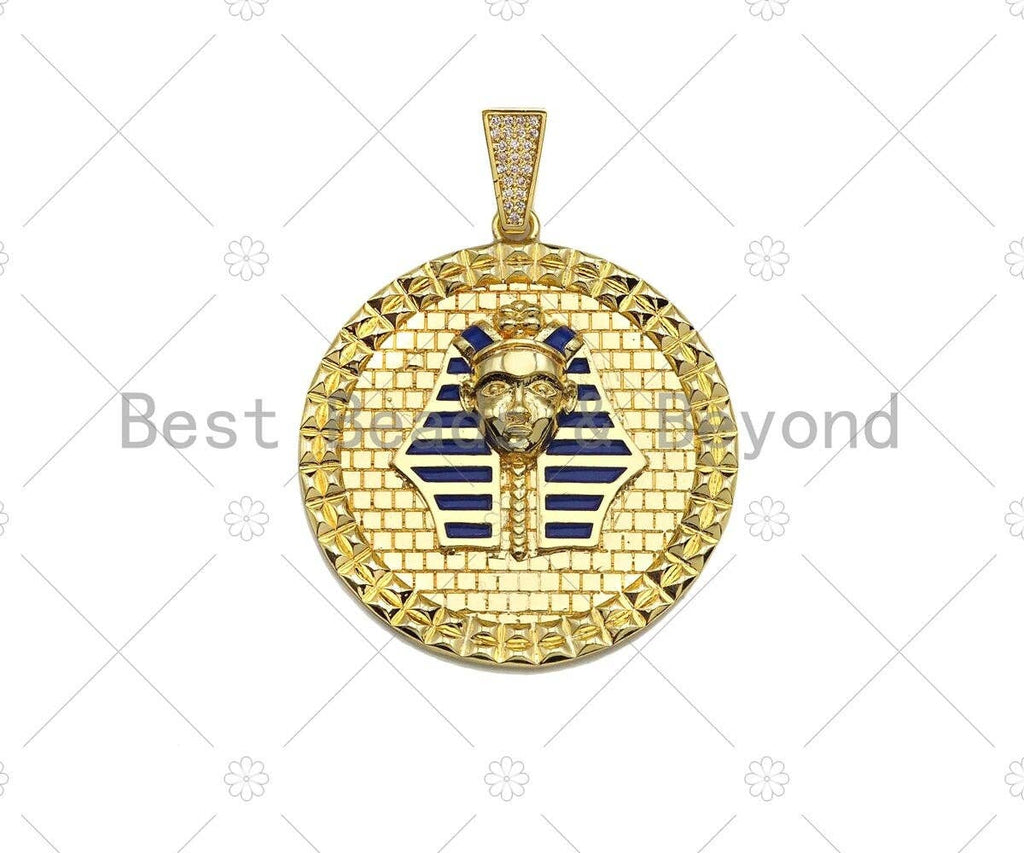 Dianty Gold/Silver Face On Round Coin Pendant/Charm,Medallion Cobalt Blue Enamel Charm, Necklace Bracelet Charm Pendant, 44x48mm, Sku#L550
