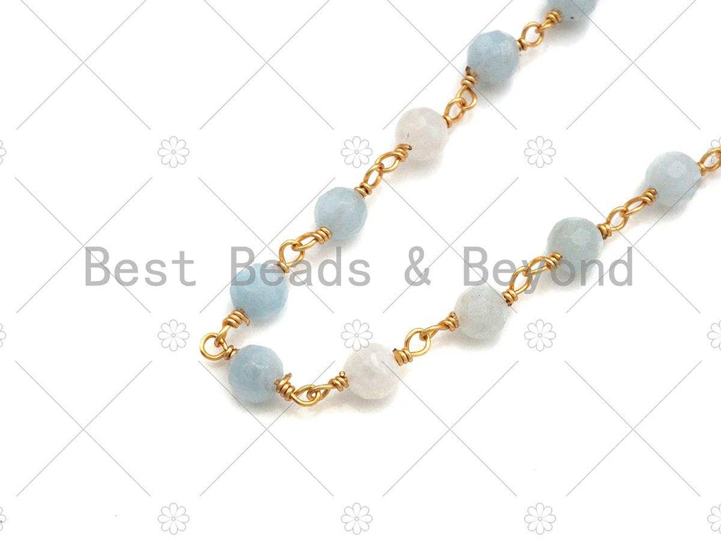 Quality Aquamarine Rosary Chain, 5mm Beaded Chain, Wire Wrapped Gold Chain, Body Belly Chain, Sku#V90