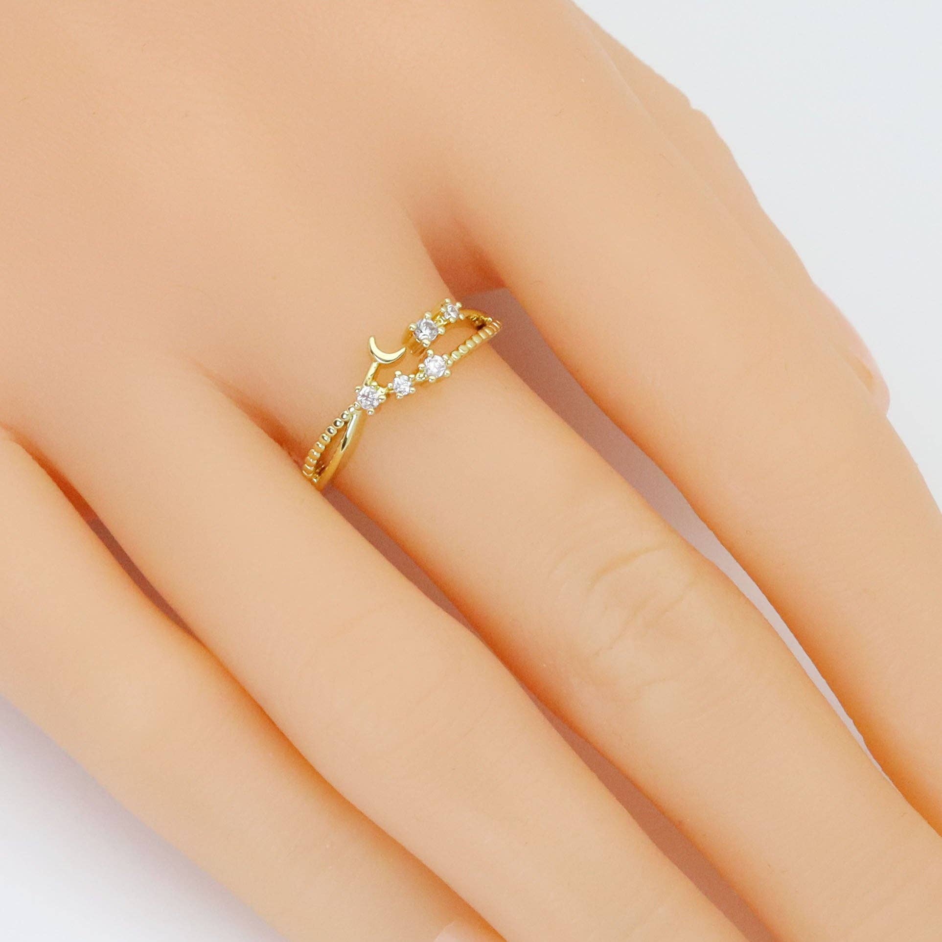 Dainty Clear CZ Gold Silver Cresent Moon star  Adjustable Ring, Sku#A278