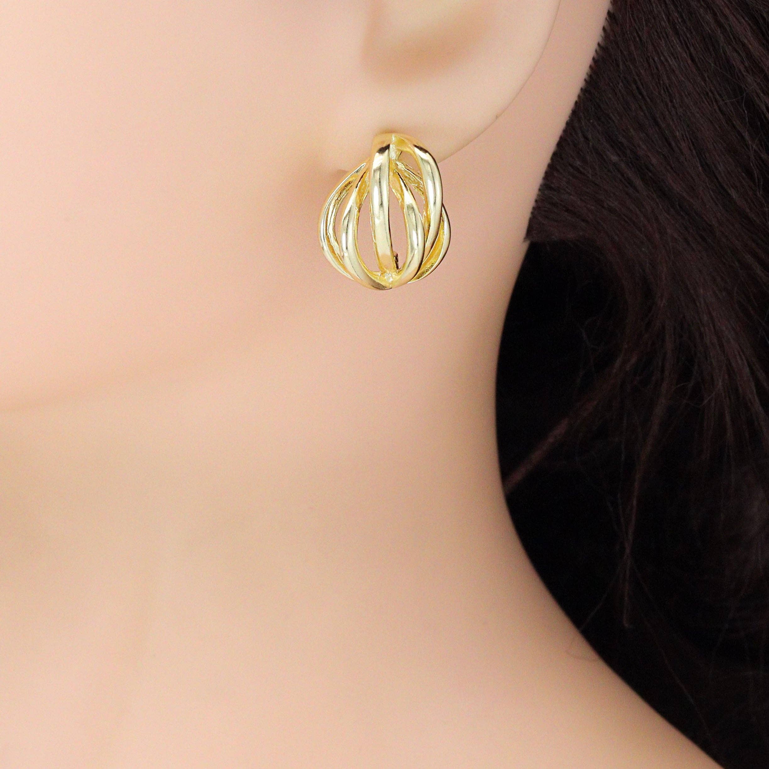 Gold Cage Shape Stud Earrings, Sku#ZX224