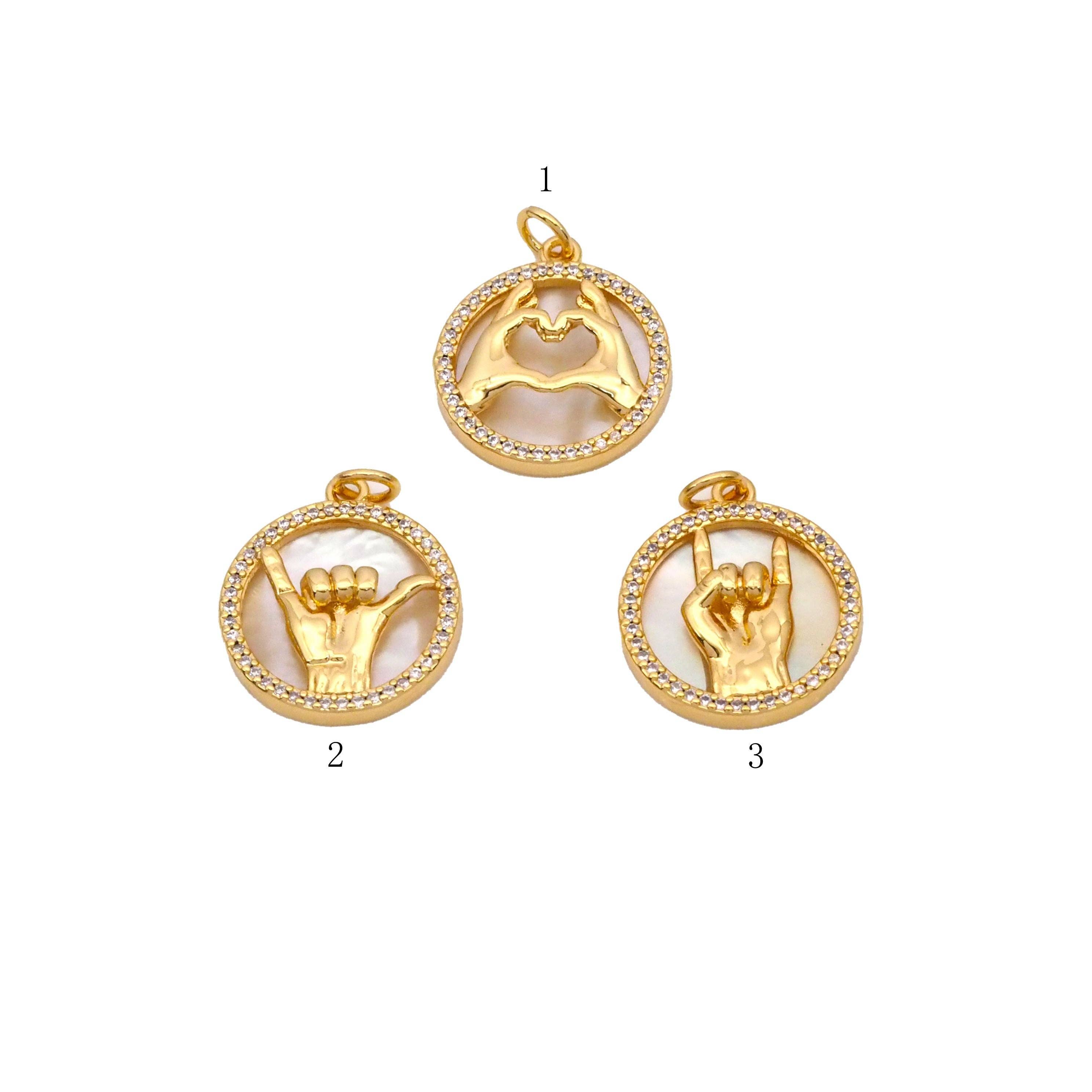 MOP Micro Pave CZ Hand Signal Gesture Charm, Sku#F1526C