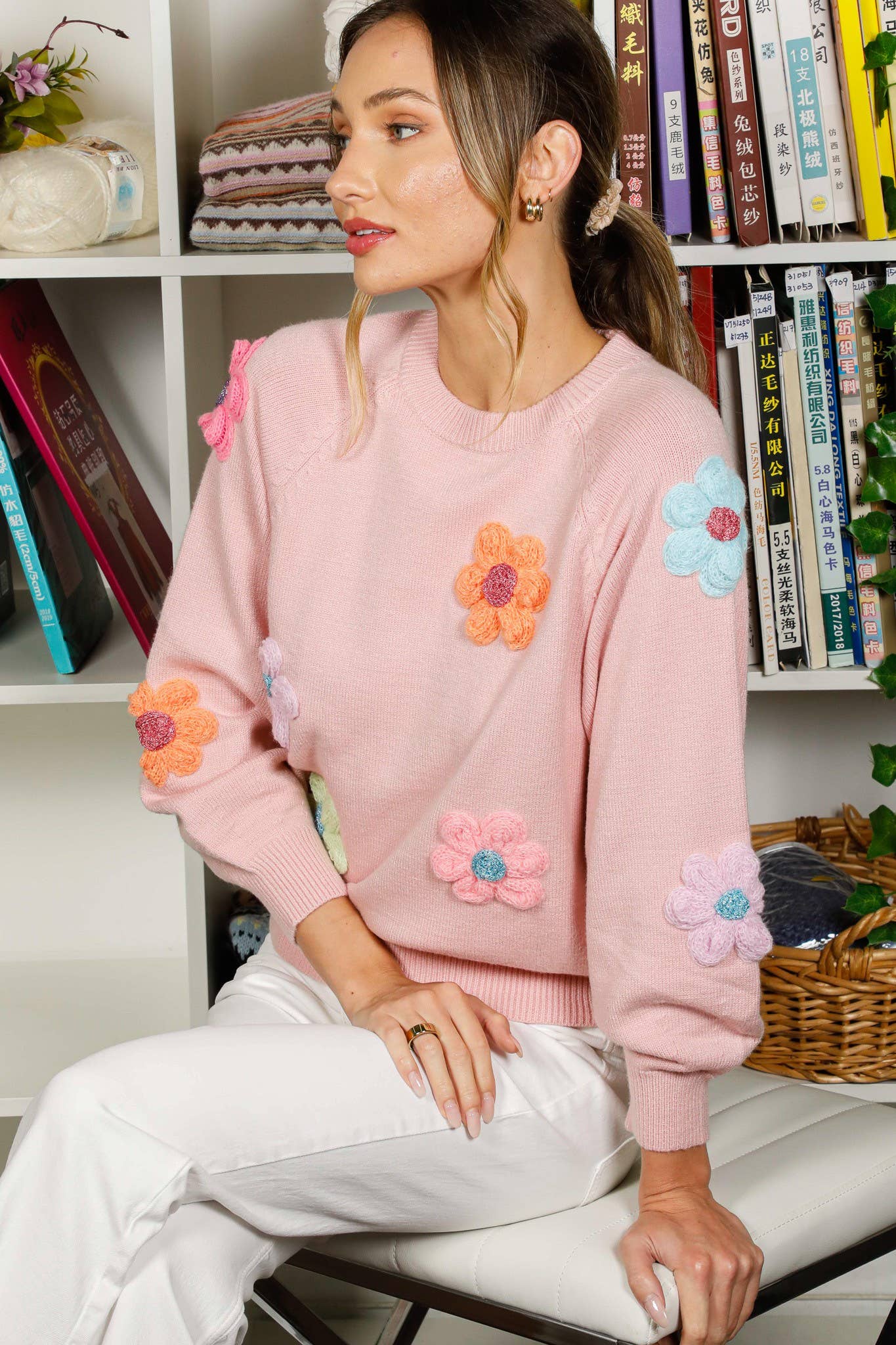 Crew Neck Puff Sleeve Flower Embroidered Sweater
