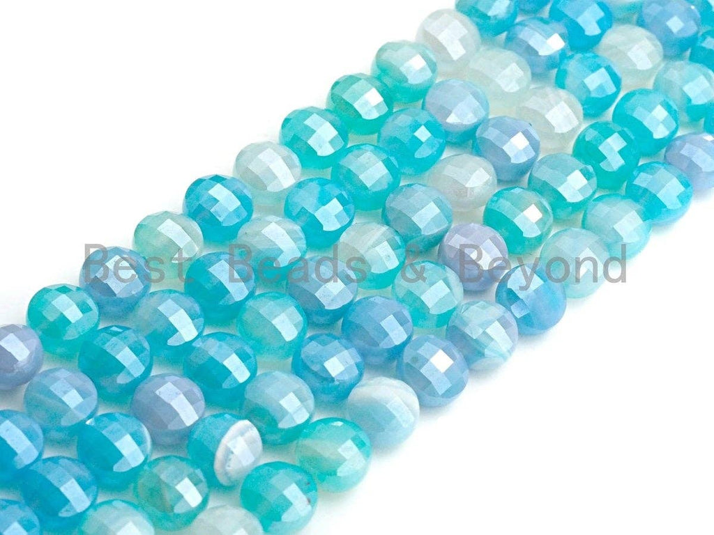 Mystic Plated Double Sided Turtle Shell Cut Natural Blue Agate Coin Shape beads, 6mm/8mm/10mm Agate Beads, 15.5" Full strand, Sku#UA07