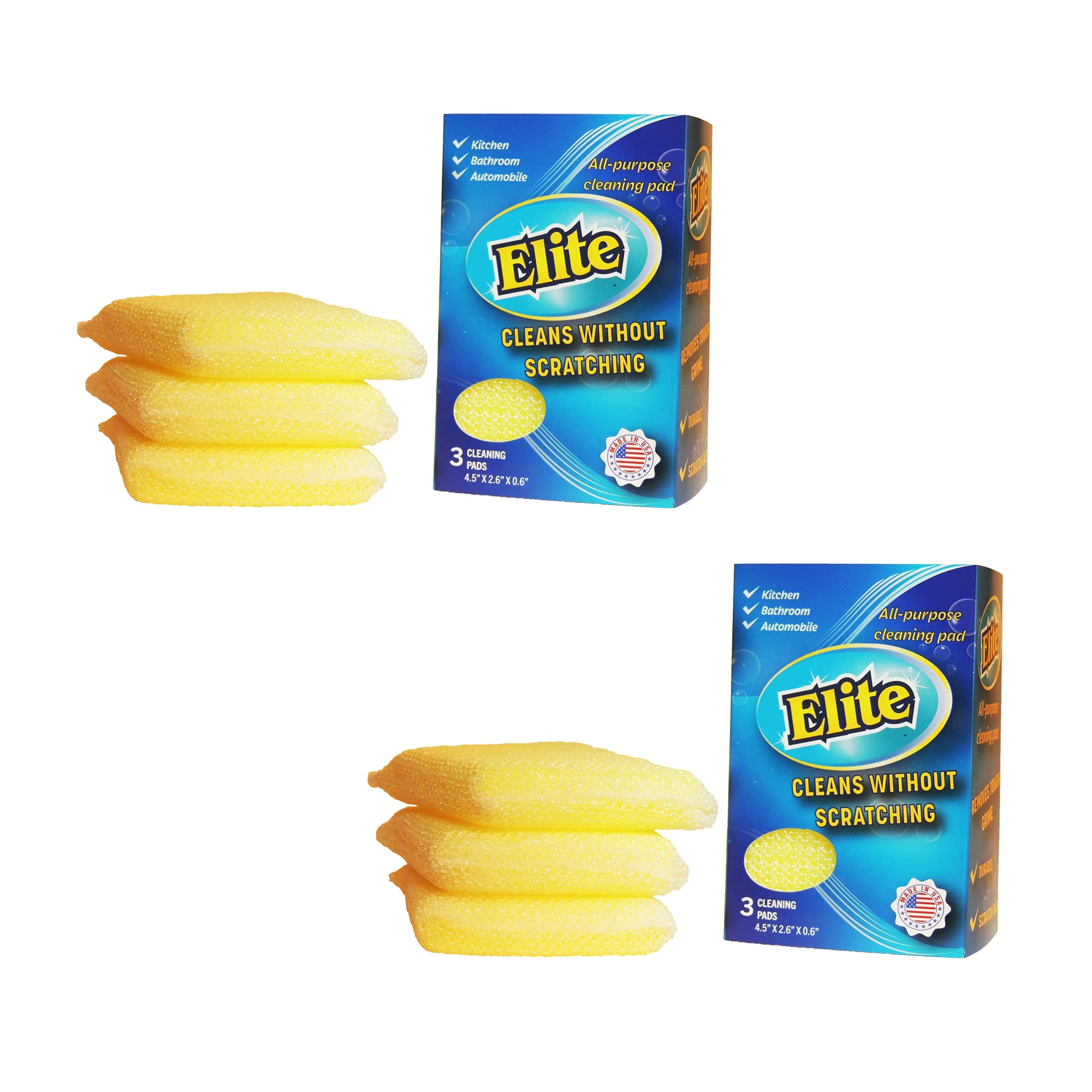 Tampon de nettoyage universel Elite, 6 tampons (2x3 paquets), éponge à vaisselle anti-rayures, éponges à récurer pour cuisine et usage domestique, Fabriqué aux États-Unis