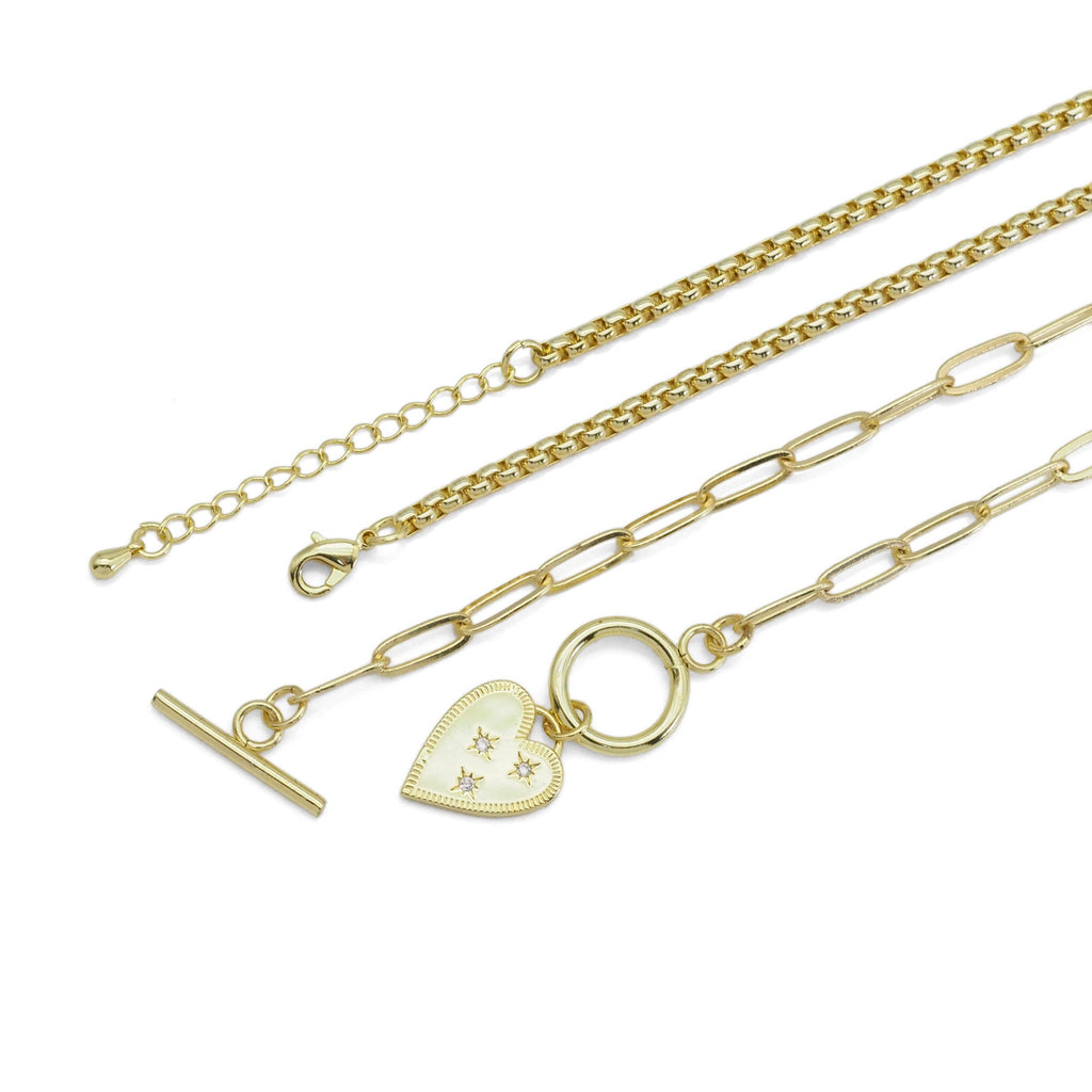 Gold Box Chain Paperclip Heart Chain Necklace Set, Sku#EF484