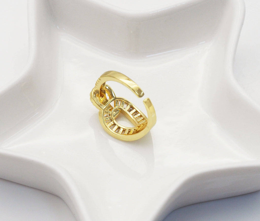 CZ Pave Gold Oval Horseshoe Buckle Link Ring, Sku#LD344