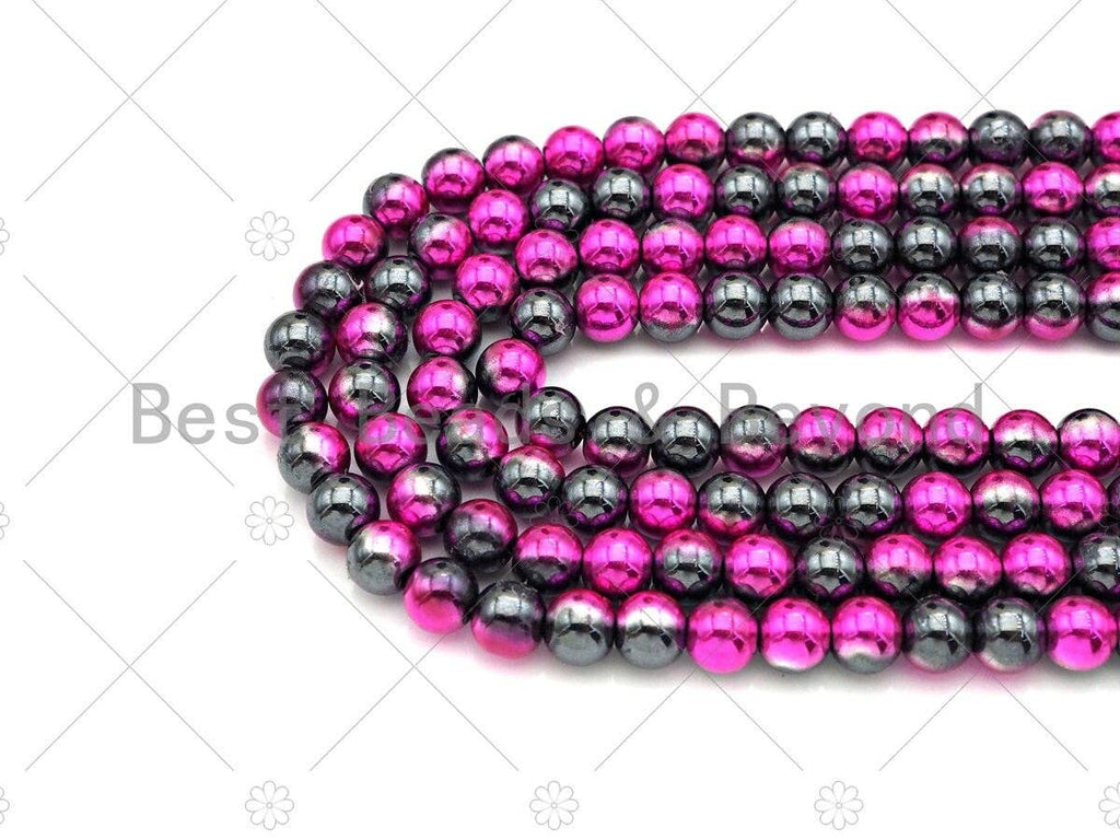 New!!! Half Plated Hot Pink Natural Hematite Beads, 4mm/6mm/8mm Round Smooth Beads,15.5''  Full Strands, Sku#S133