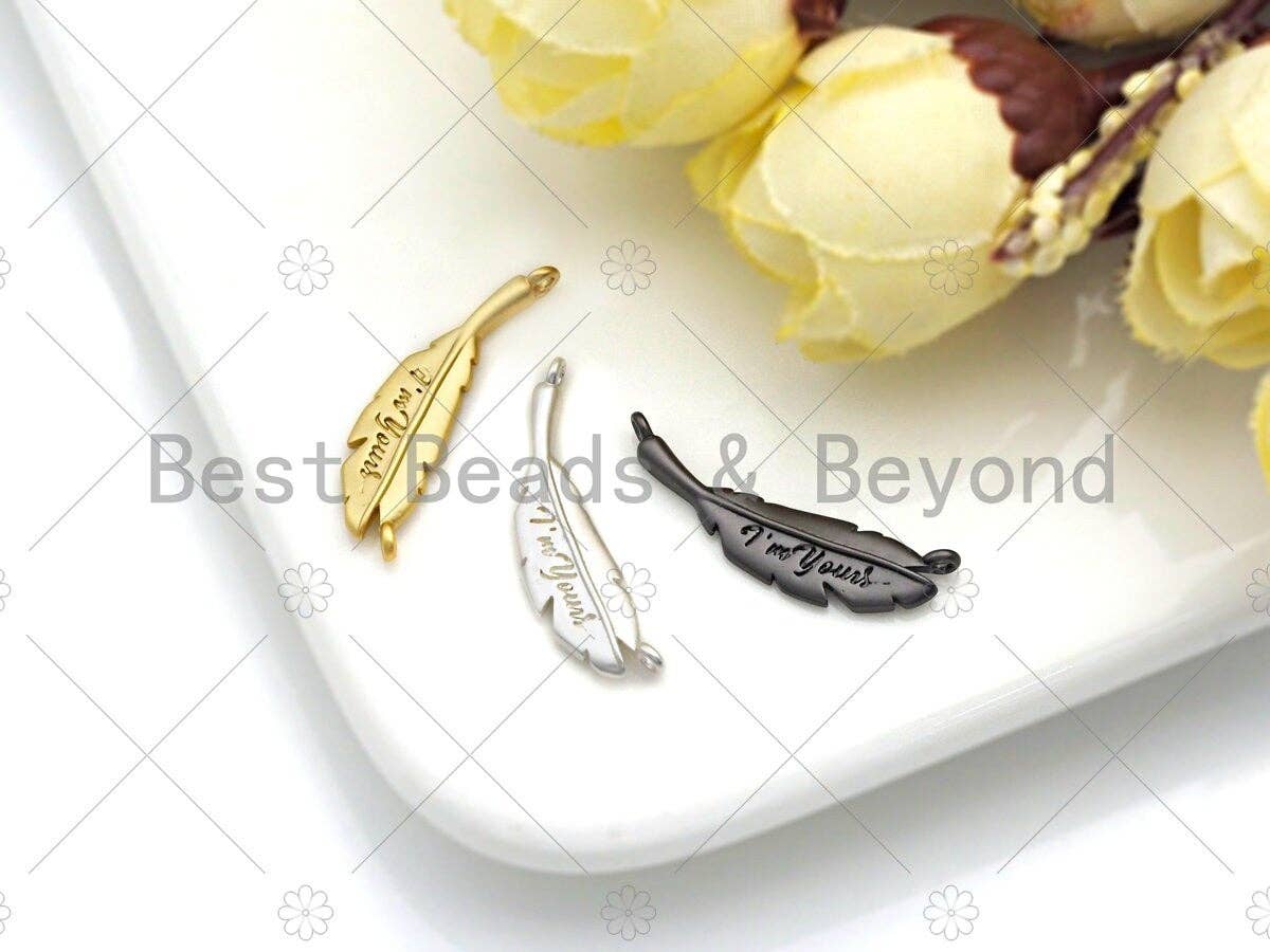 CZ Micro Pave Feather Shape Pendant/Charm/Connector, I'm yours Letter Feather Connector, Silver/Gold/Black Tone, 6x22mm, Sku#Y276