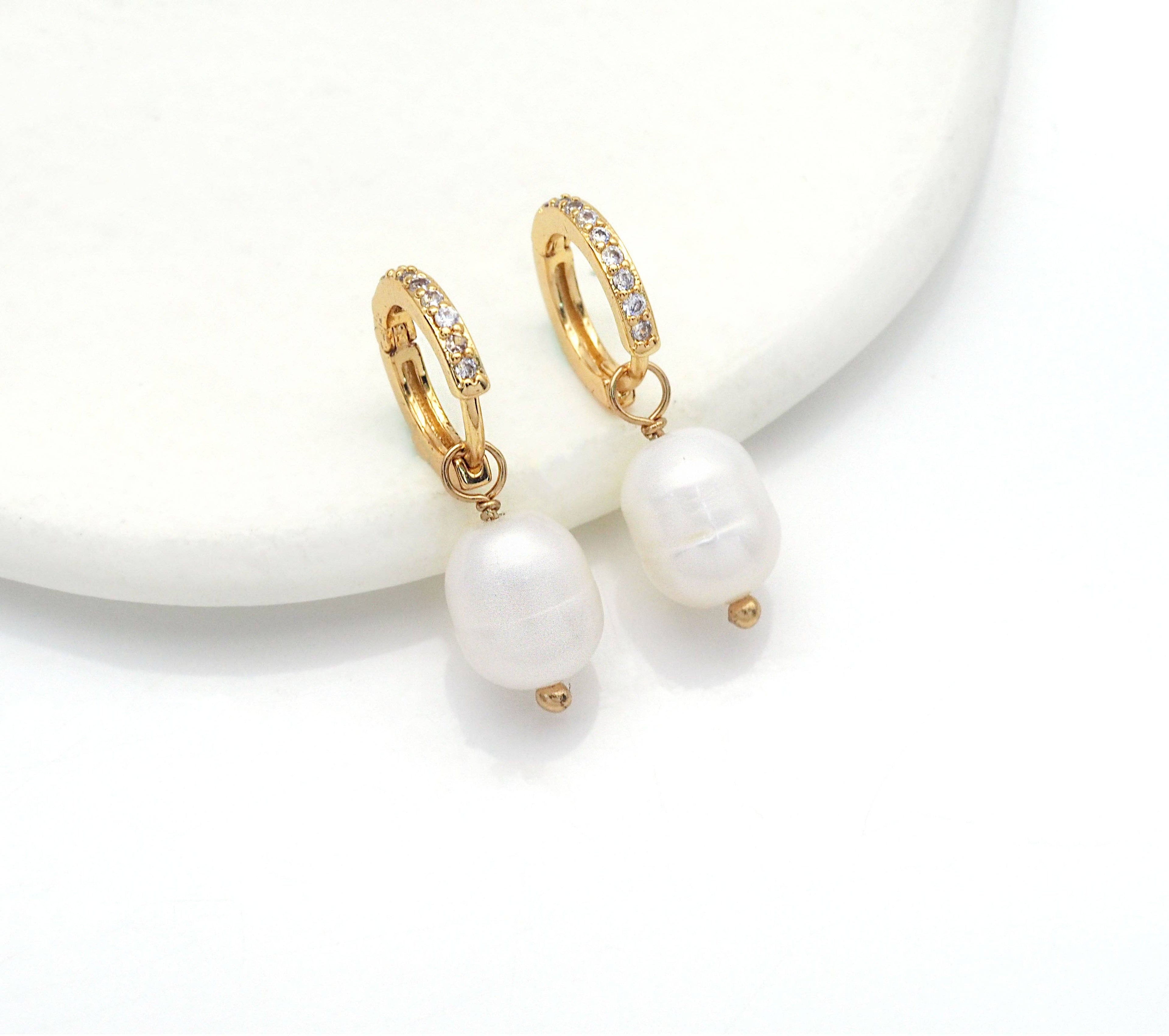CZ Oval Pearl Hoop Earrings, Sku#EF220