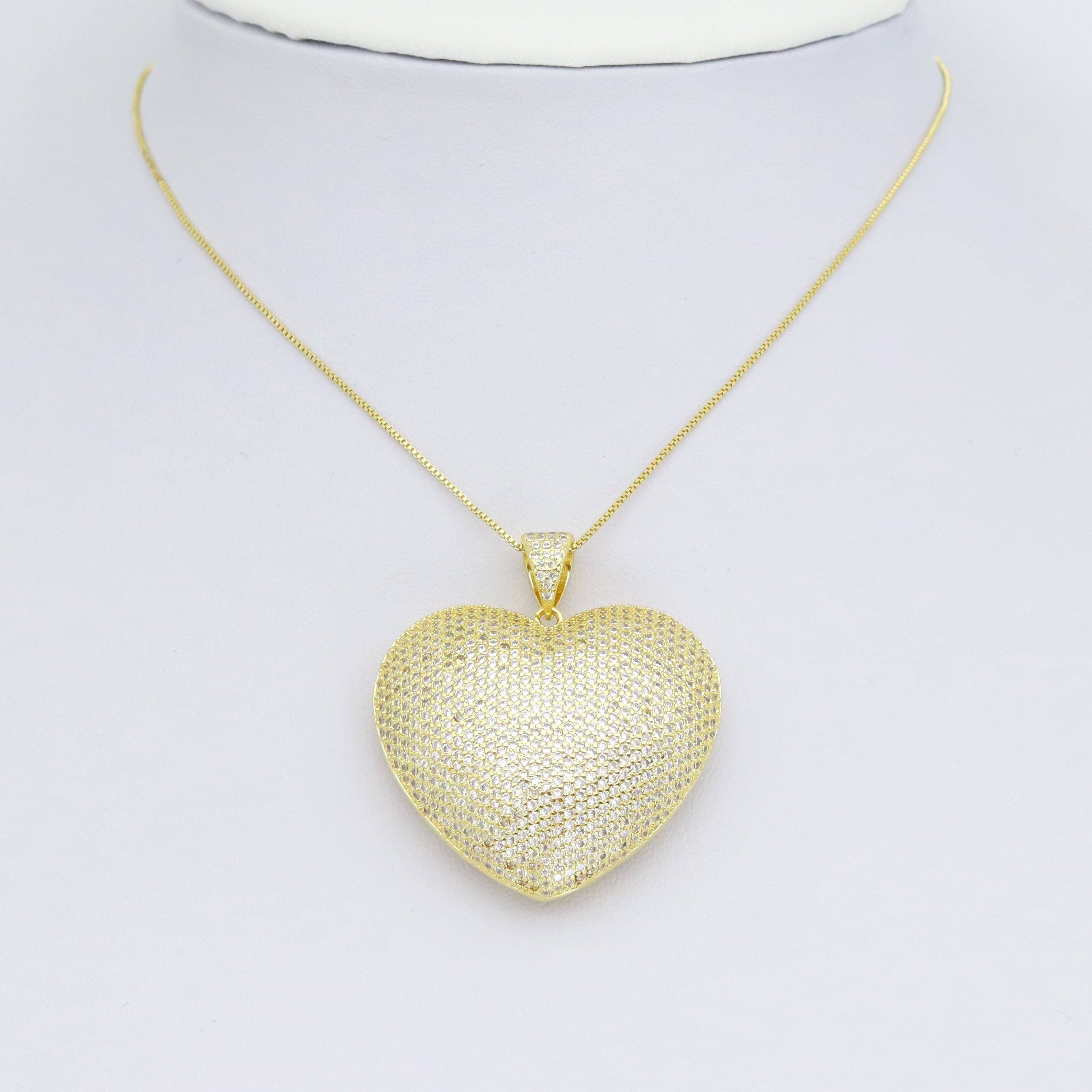Gold Silver Clear CZ Large Puffy Heart Charm Pendant, Sku#LX663